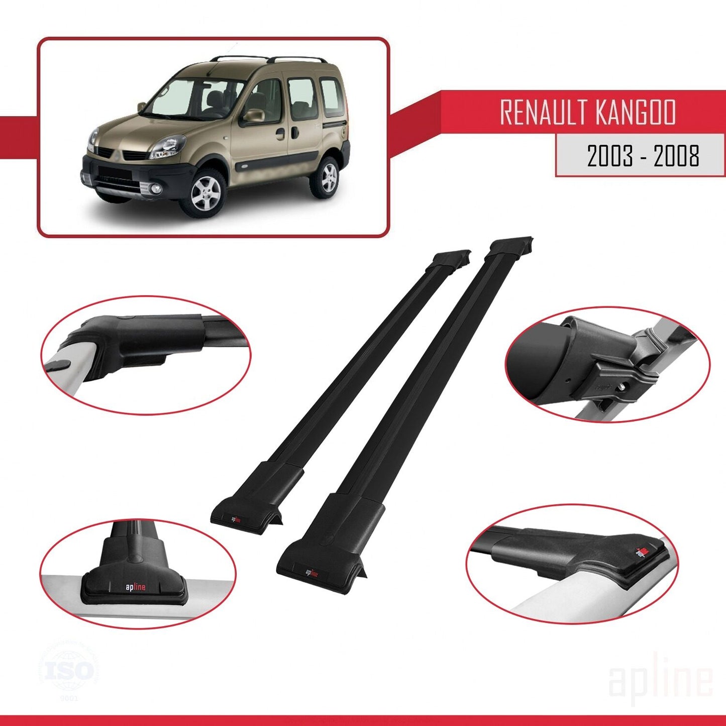 Compatible with Renault Kangoo (X76) Post-Facelift 2003-2008 FLY Model Car Roof Rack Cross Bar Black Aluminium 2 Bars