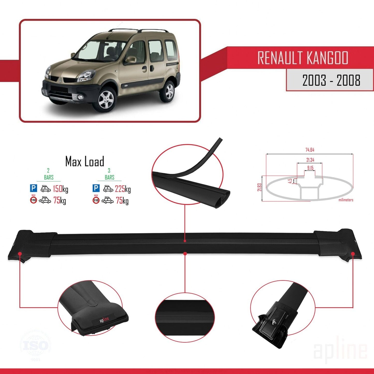 Compatible with Renault Kangoo (X76) Post-Facelift 2003-2008 FLY Model Car Roof Rack Cross Bar Black Aluminium 2 Bars