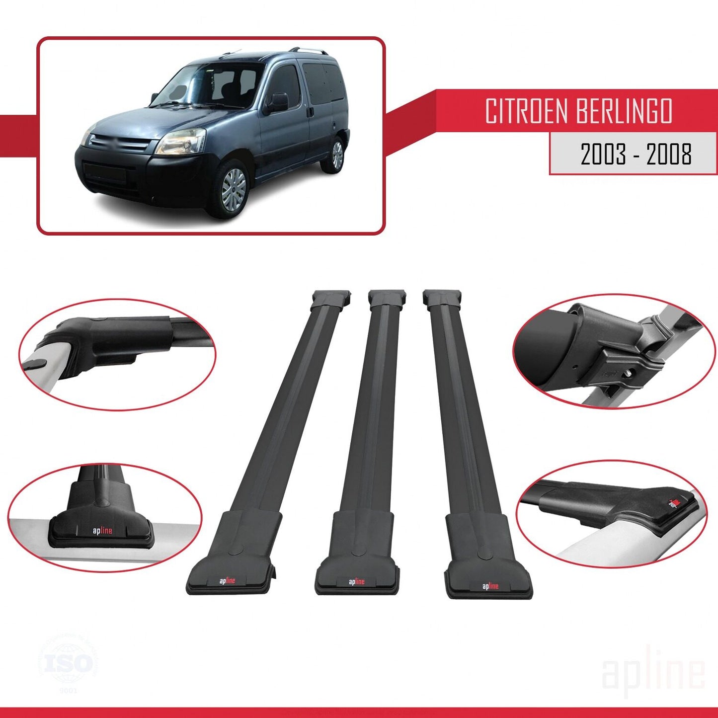 Compatible with Citroen Berlingo (M59) 2003-2008 FLY Model Car Roof Rack Cross Bar Black Aluminium 3 Bars