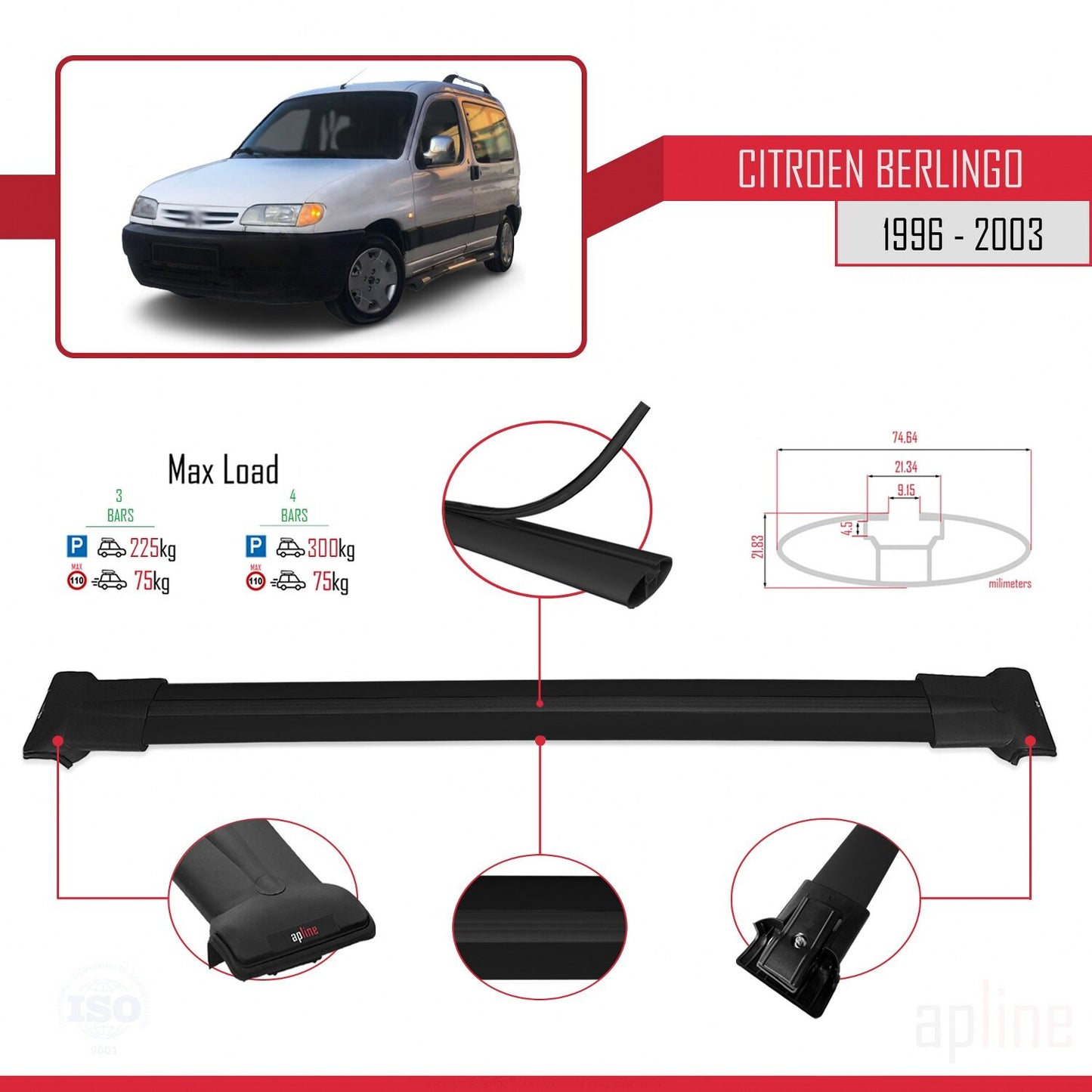 Compatible with Citroen Berlingo (M49) 1996-2003 FLY Model Car Roof Rack Cross Bar Black Aluminium 3 Bars