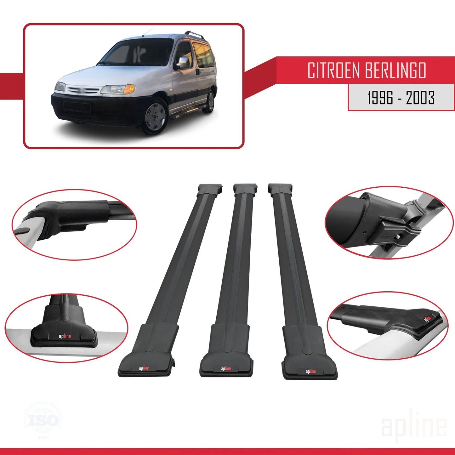 Compatible with Citroen Berlingo (M49) 1996-2003 FLY Model Car Roof Rack Cross Bar Black Aluminium 3 Bars