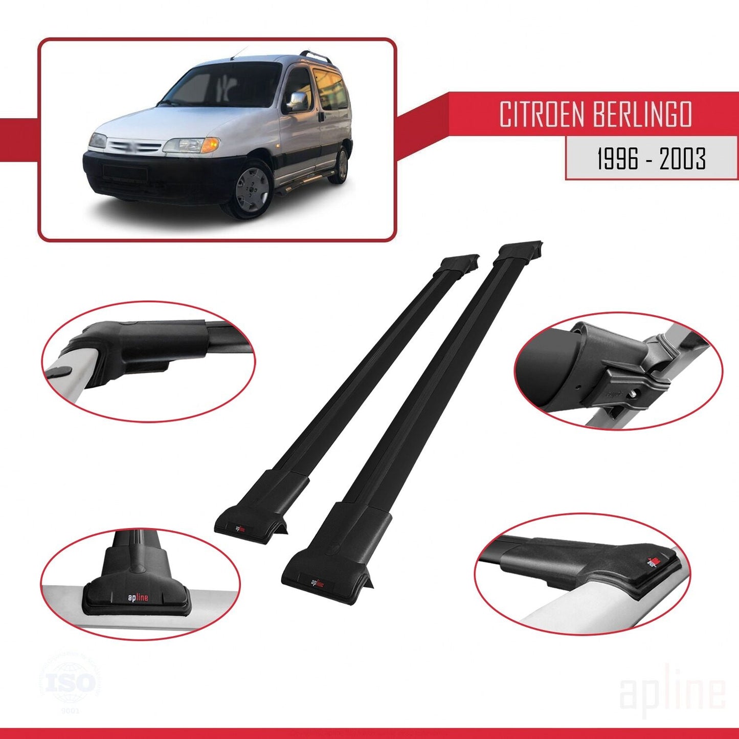 Compatible with Citroen Berlingo (M59) 2003-2008 FLY Model Car Roof Rack Cross Bar Black Aluminium 2 Bars