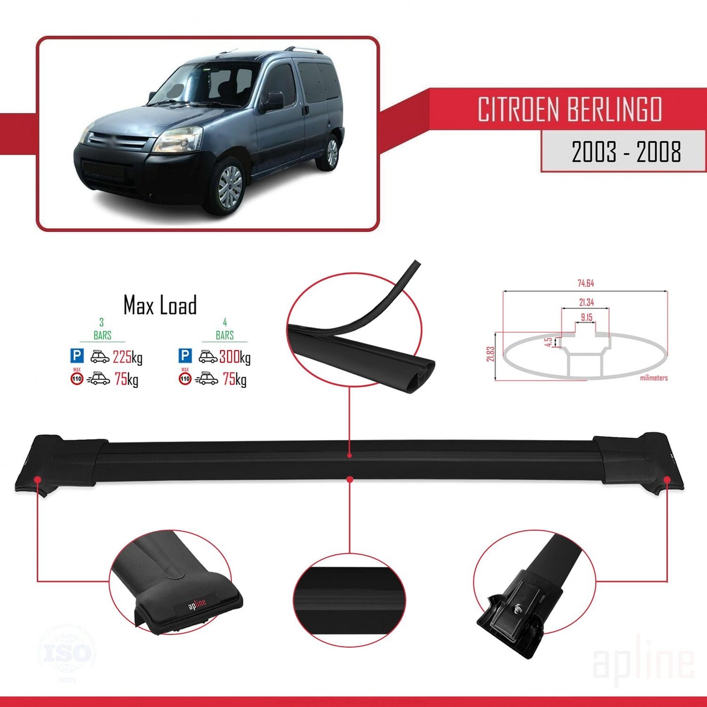 Compatible with Citroen Berlingo (M59) 2003-2008 FLY Model Car Roof Rack Cross Bar Black Aluminium 4 Bars