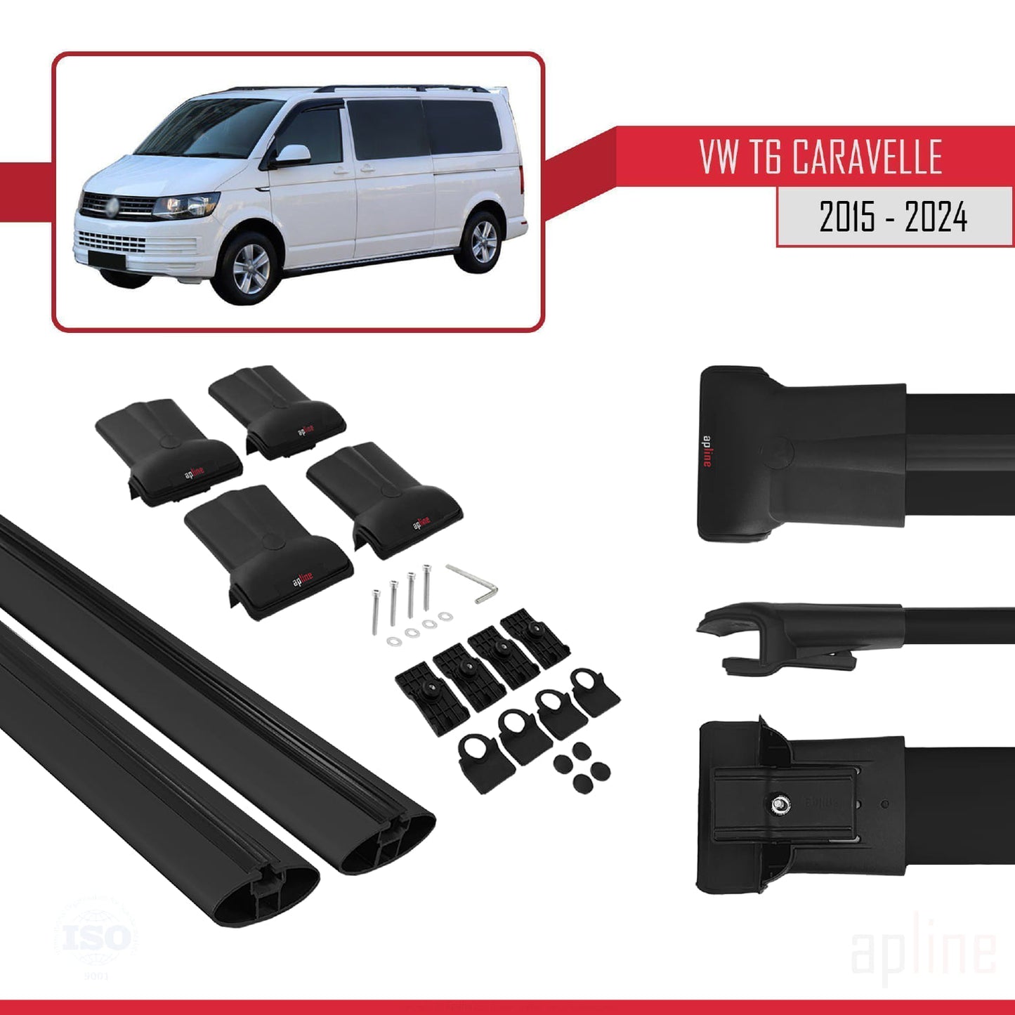 Compatible with Volkswagen T6 Caravelle 2015-2024 FLY Model Car Roof Rack Cross Bar Black Aluminium 2 Bars