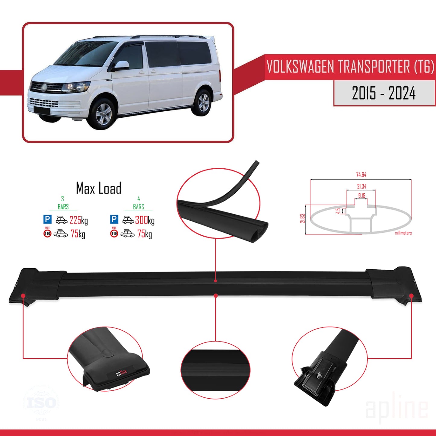 Compatible with Volkswagen T6 Transporter 2015-2024 FLY Model Car Roof Rack Cross Bar Black Aluminium 4 Bars