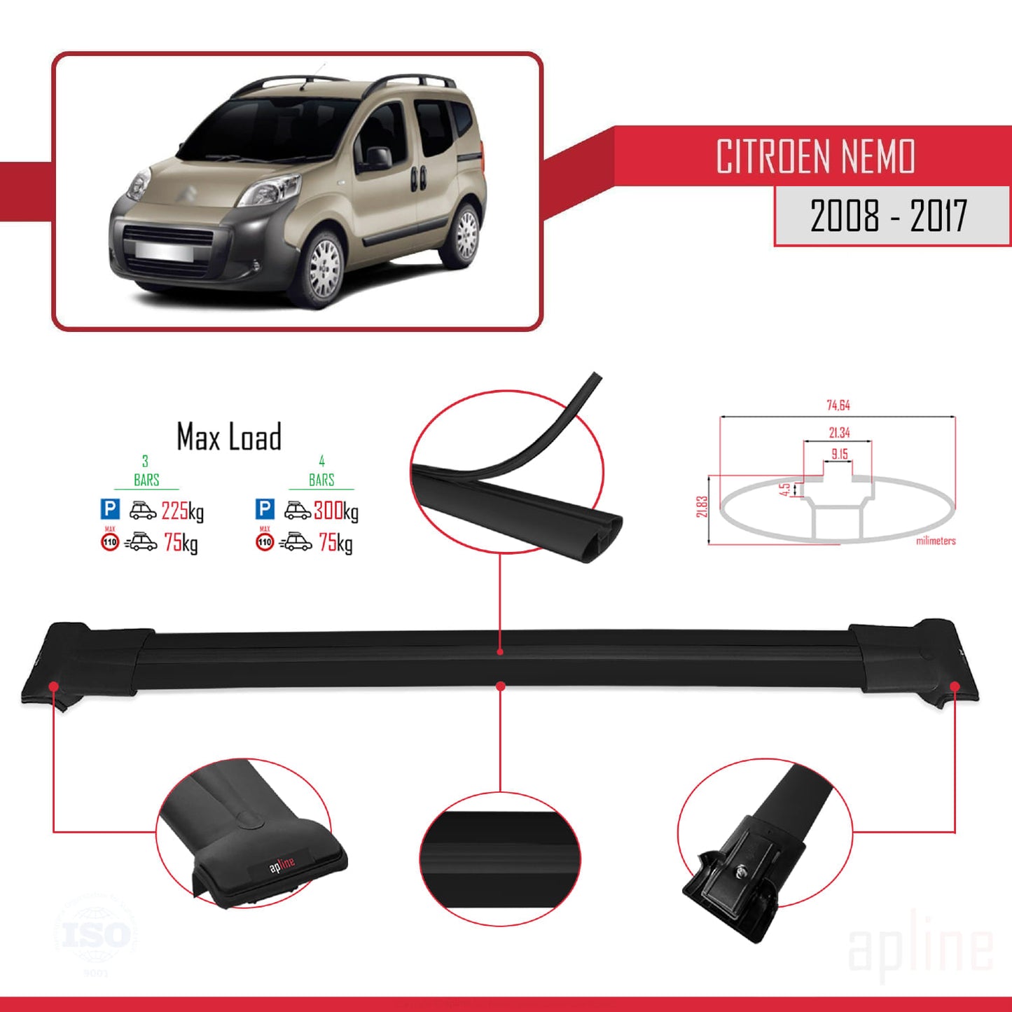 Compatible with Citroen Nemo 3 (225) 2008-2017 FLY Model Car Roof Rack Cross Bar Black Aluminium 4 Bars