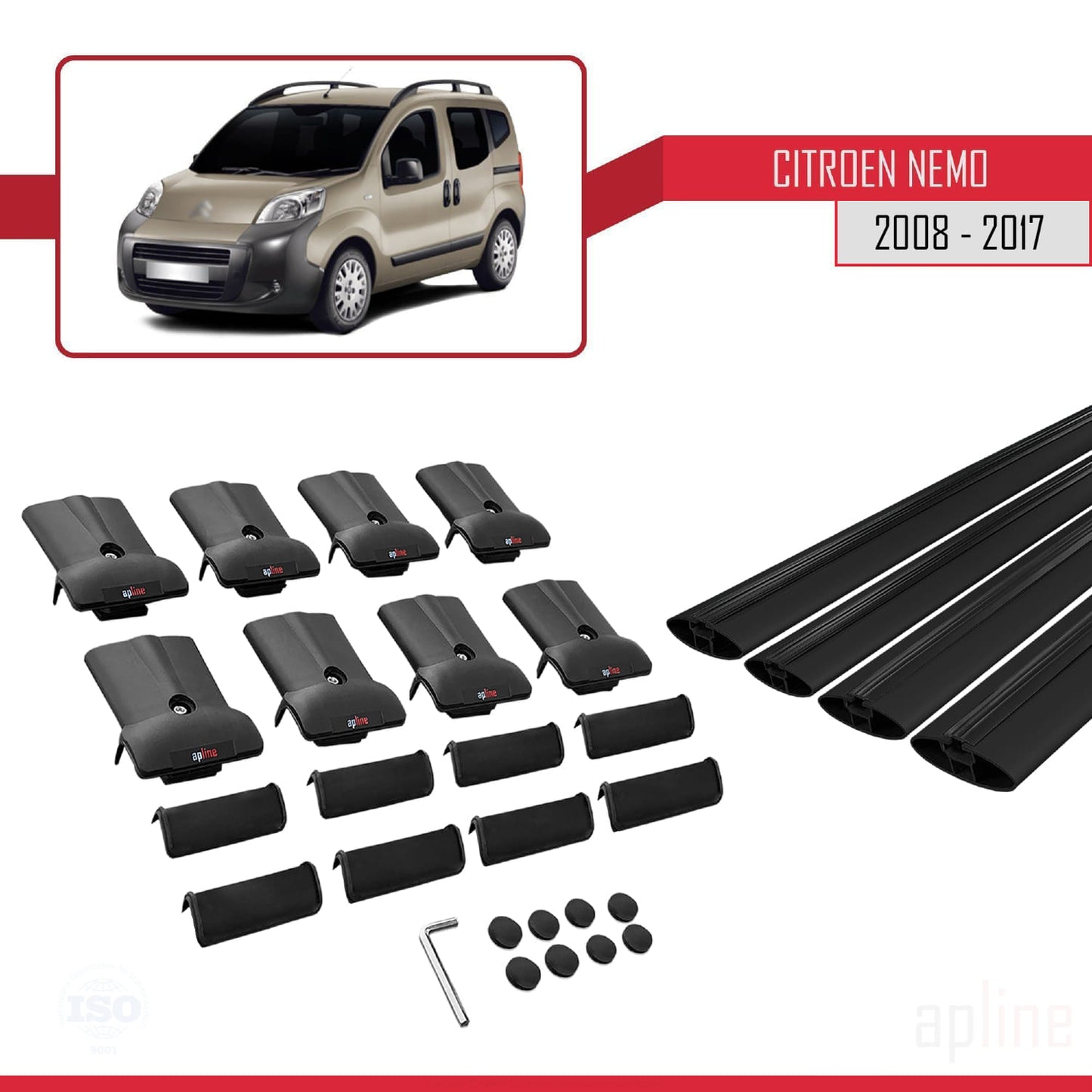 Compatible with Citroen Nemo 3 (225) 2008-2017 FLY Model Car Roof Rack Cross Bar Black Aluminium 4 Bars