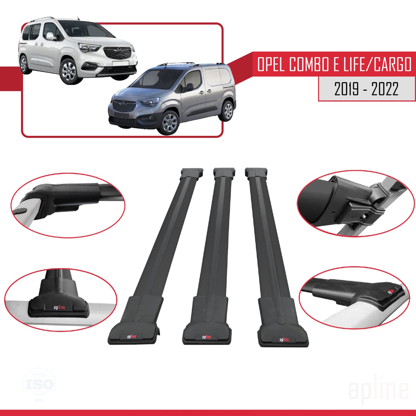 Compatible with Opel Combo E Life 2019-2022 FLY Model Car Roof Rack Cross Bar Black Aluminium 3 Bars