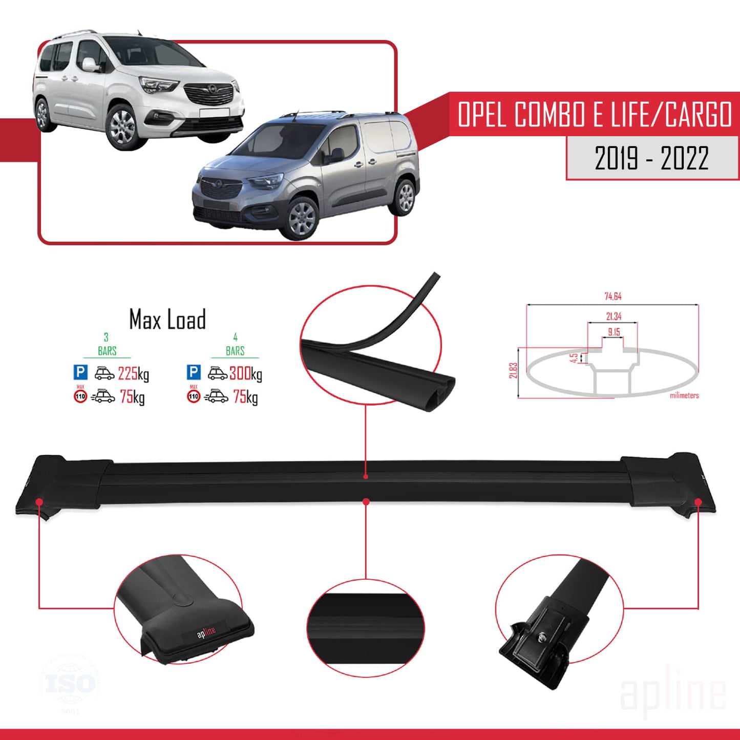 Compatible with Opel Combo E Life 2019-2022 FLY Model Car Roof Rack Cross Bar Black Aluminium 4 Bars