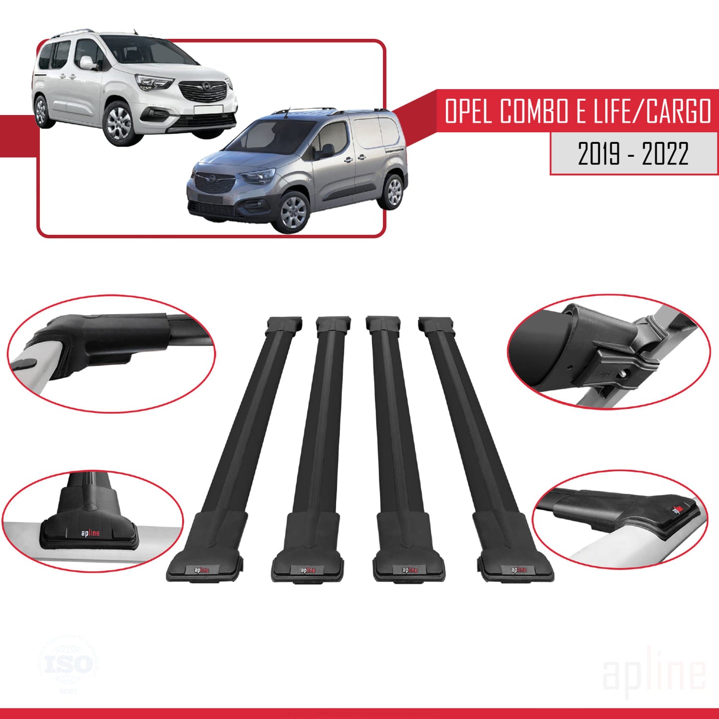 Compatible with Opel Combo E Life 2019-2022 FLY Model Car Roof Rack Cross Bar Black Aluminium 4 Bars