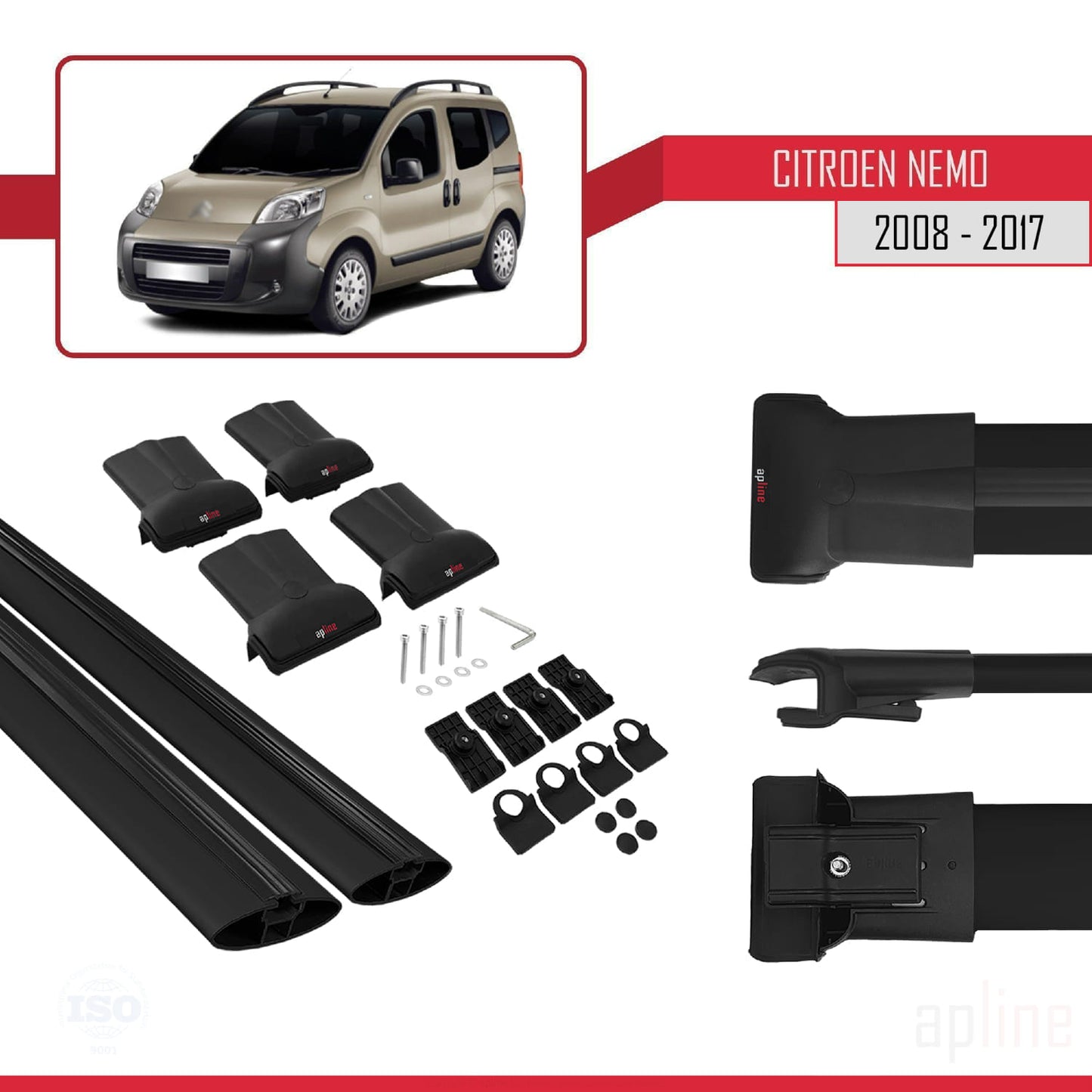 Compatible with Citroen Nemo 3 (225) 2008-2017 FLY Model Car Roof Rack Cross Bar Black Aluminium 2 Bars