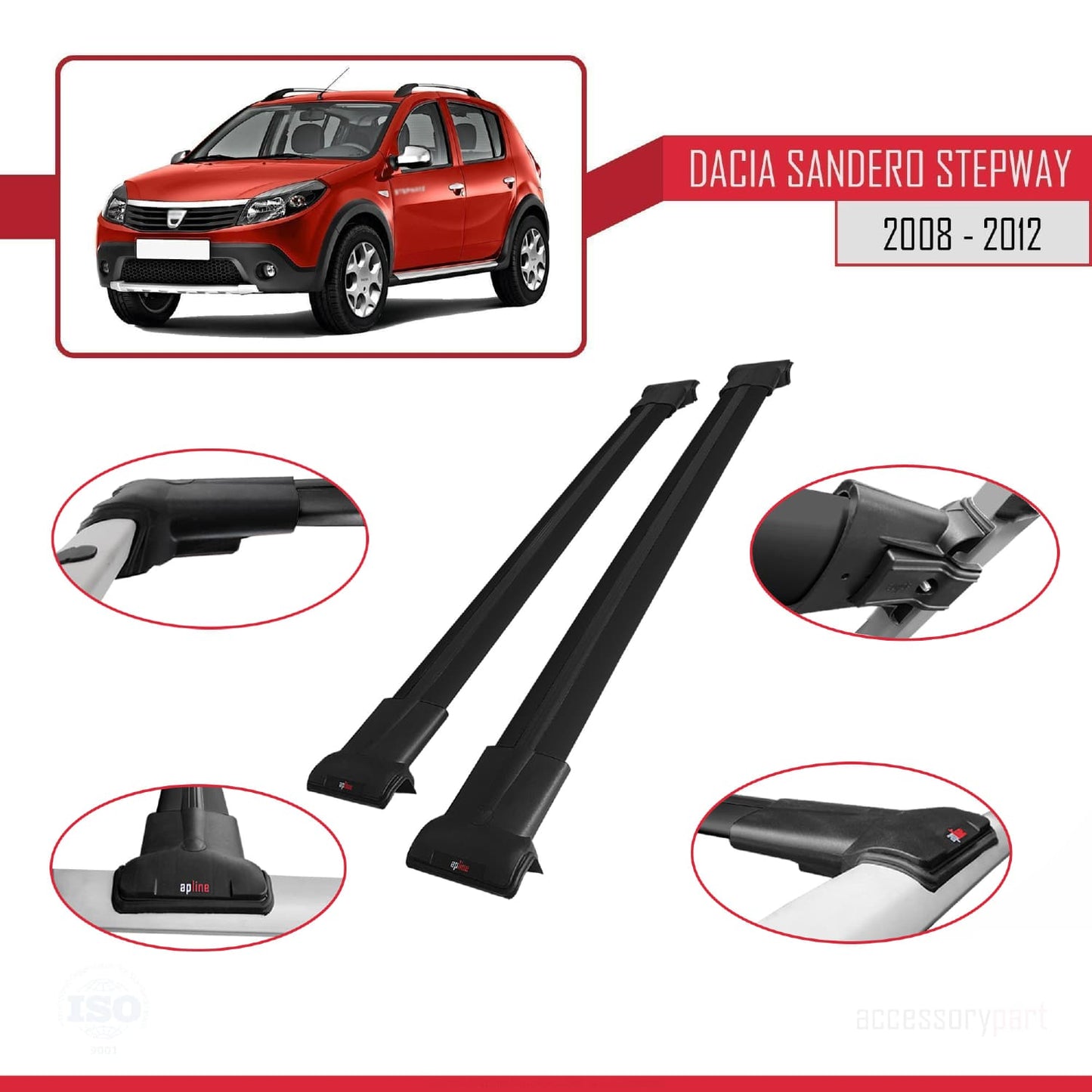Compatible with Dacia Sandero Stepway 2008-2012 FLY Model Car Roof Rack Cross Bar Black Aluminium 2 Bars