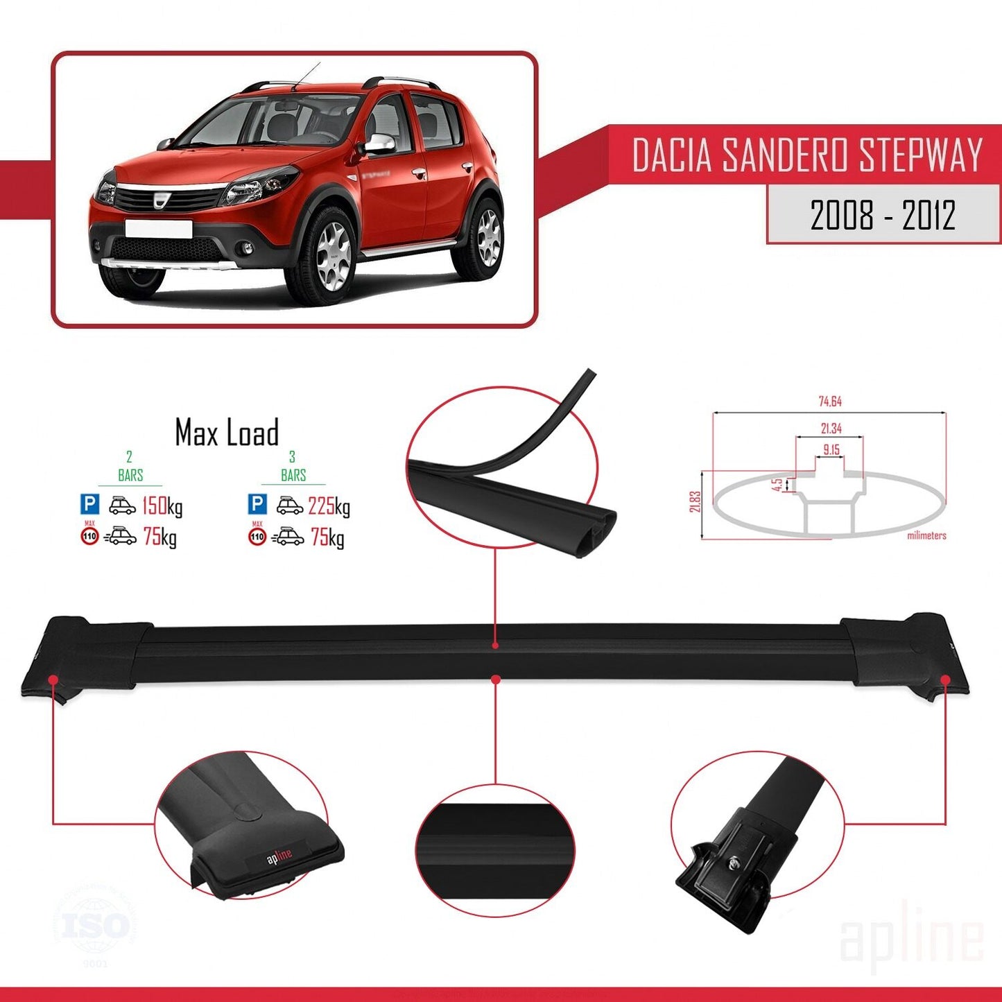 Compatible with Dacia Sandero Stepway 2008-2012 FLY Model Car Roof Rack Cross Bar Black Aluminium 2 Bars