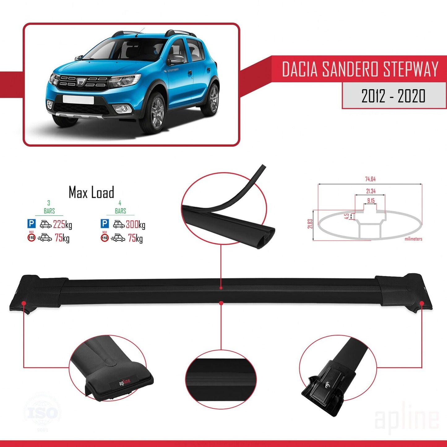 Compatible with Dacia Sandero Stepway 2 2012-2020 FLY Model Car Roof Rack Cross Bar Black Aluminium 3 Bars