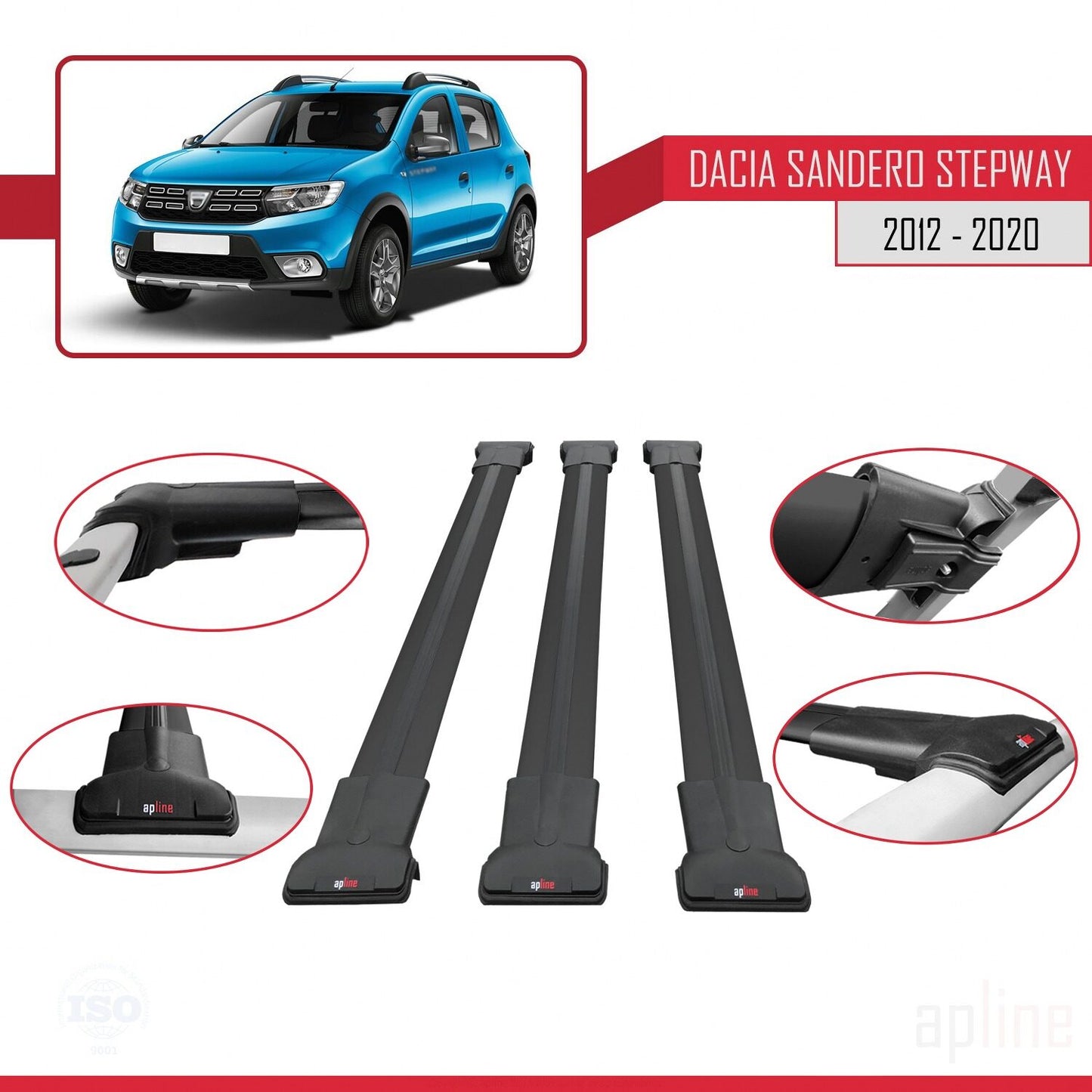 Compatible with Dacia Sandero Stepway 2 2012-2020 FLY Model Car Roof Rack Cross Bar Black Aluminium 3 Bars