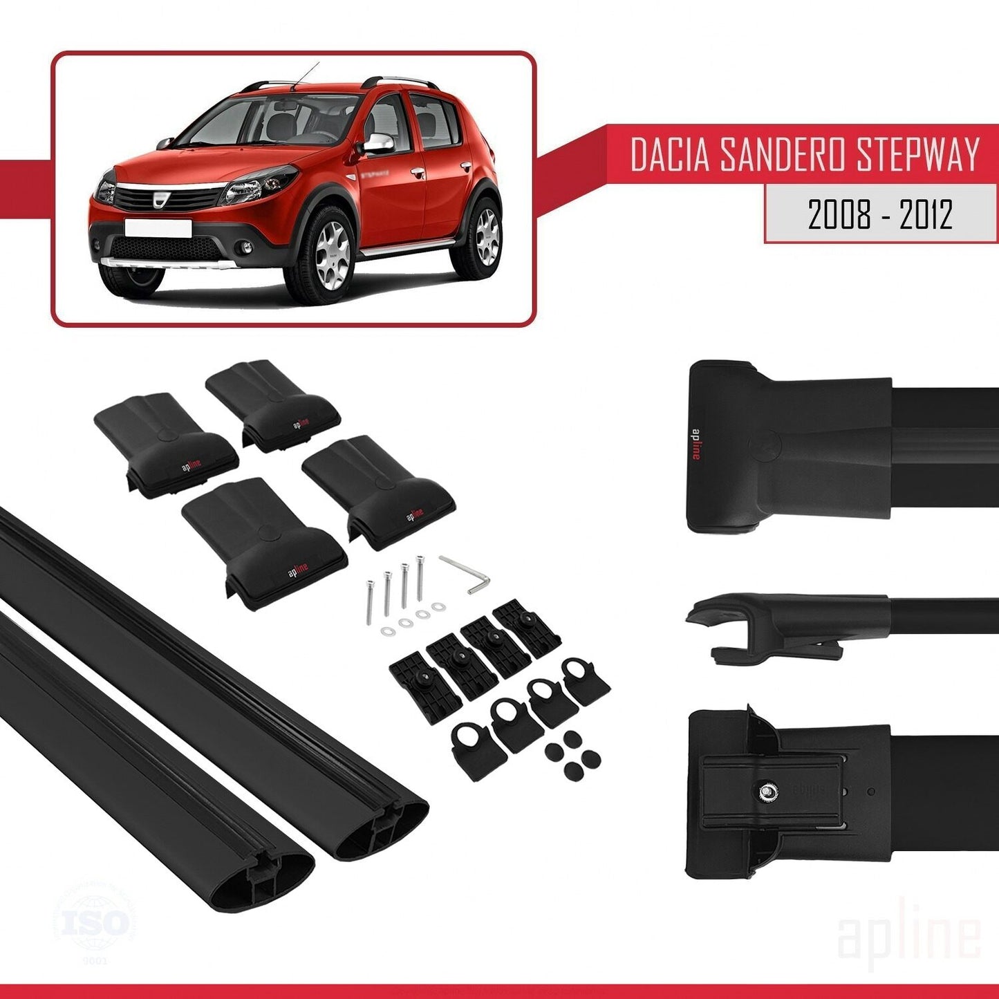 Compatible with Dacia Sandero Stepway 2008-2012 FLY Model Car Roof Rack Cross Bar Black Aluminium 2 Bars