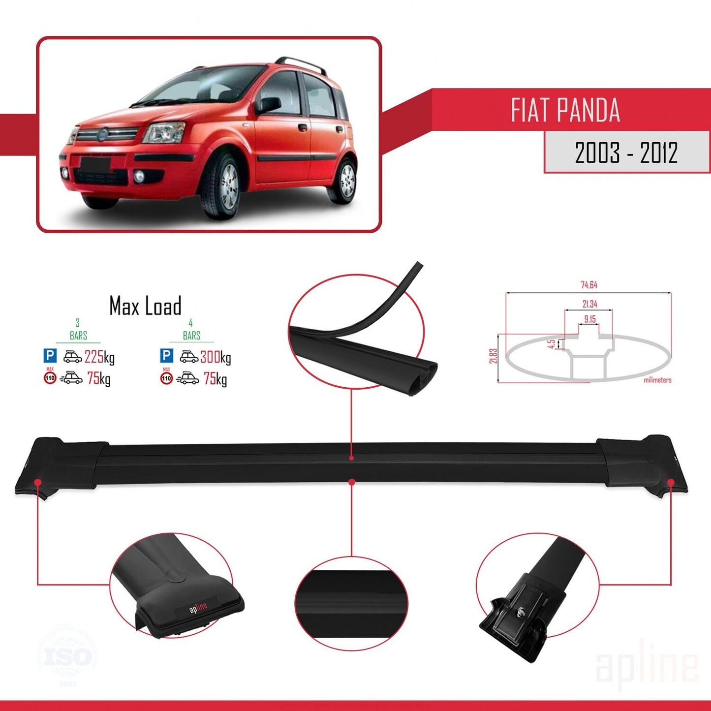 Compatible with Fiat Panda 2 (169) 2003-2012 FLY Model Car Roof Rack Cross Bar Black Aluminium 3 Bars