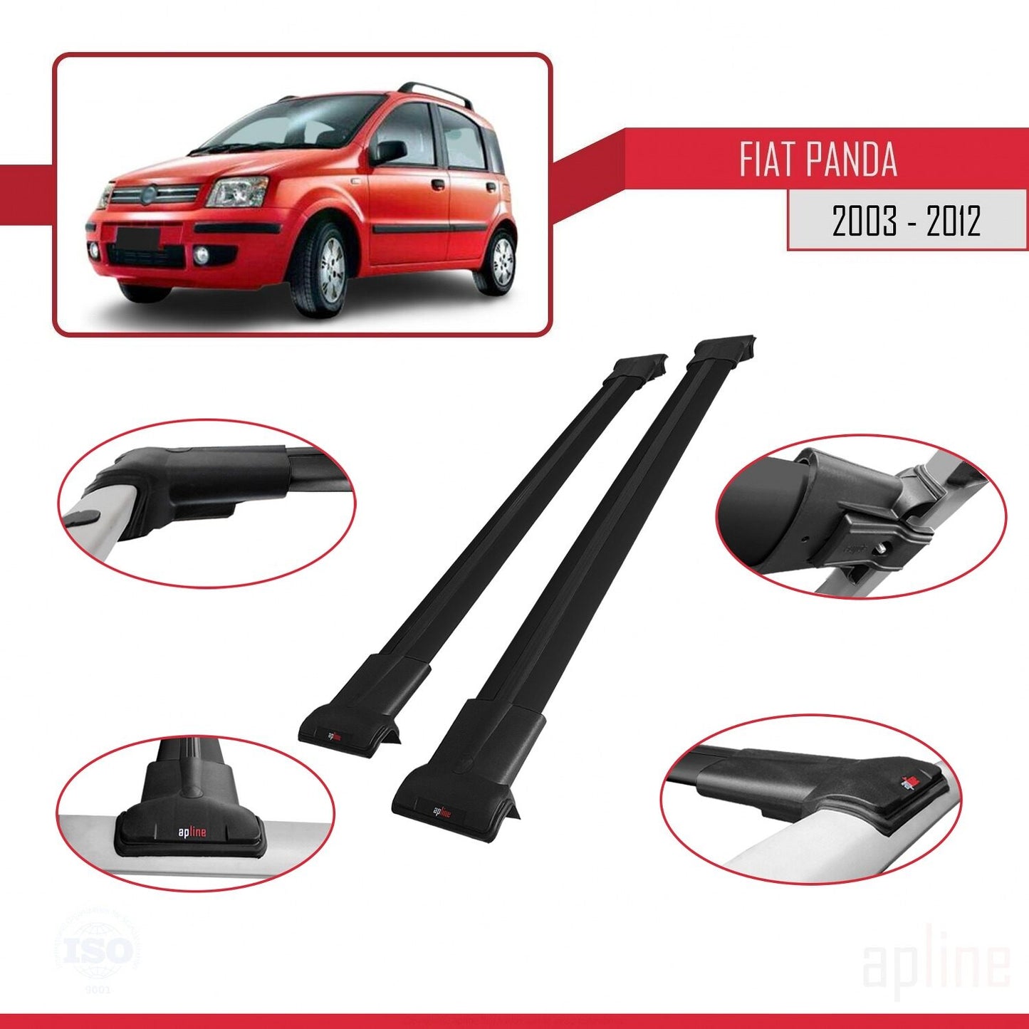Compatible with Fiat Panda 2 (169) 2003-2012 FLY Model Car Roof Rack Cross Bar Black Aluminium 2 Bars