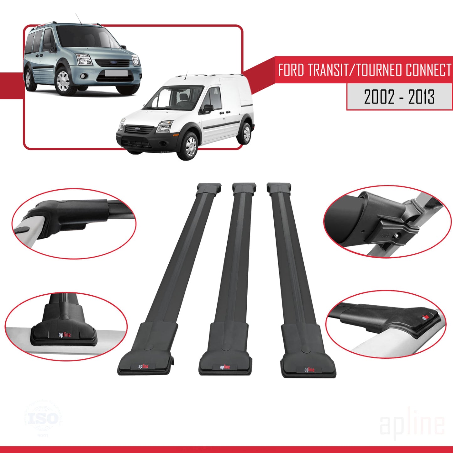 Compatible with Ford Transit/Tourneo Connect 2002-2013 FLY Model Car Roof Rack Cross Bar Black Aluminium 3 Bars