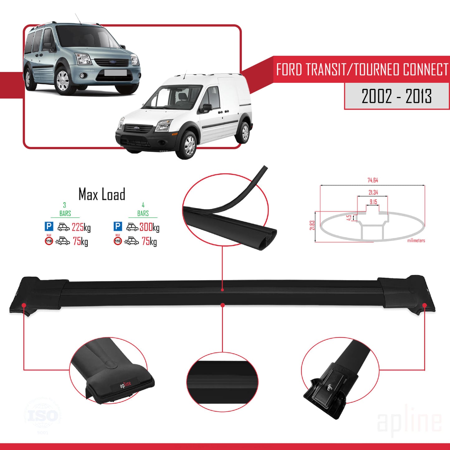Compatible with Ford Transit/Tourneo Connect 2002-2013 FLY Model Car Roof Rack Cross Bar Black Aluminium 4 Bars