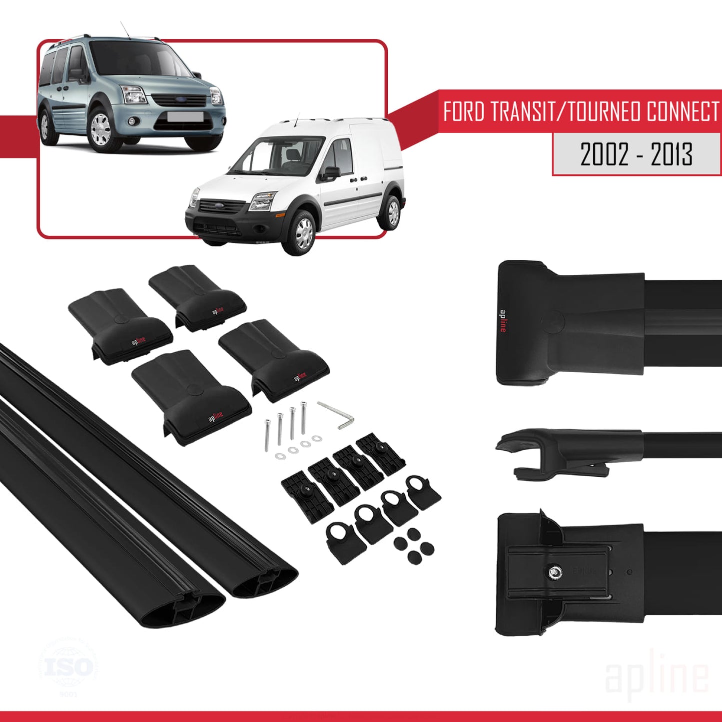 Compatible with Ford Transit/Tourneo Connect 2002-2013 FLY Model Car Roof Rack Cross Bar Black Aluminium 2 Bars