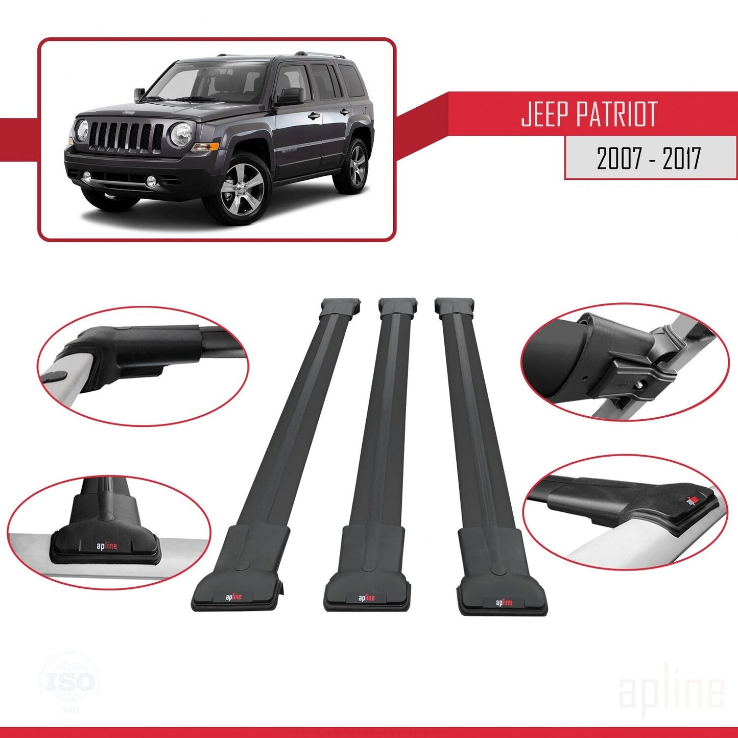 Compatible with Jeep Patriot 2007-2017 FLY Model Car Roof Rack Cross Bar Black Aluminium 3 Bars