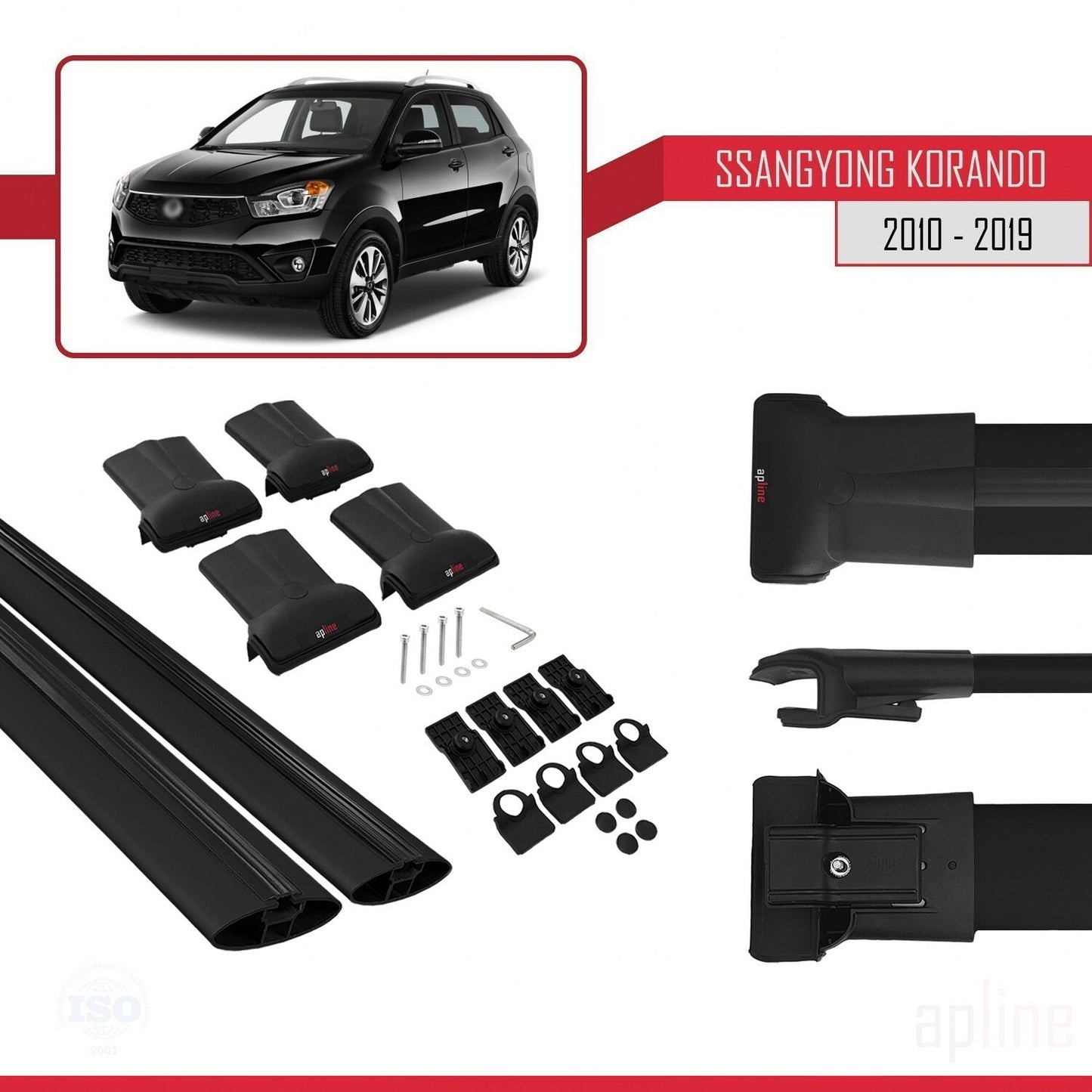 Compatible with Ssangyong Korando 3 (C200) 2010-2019 FLY Model Car Roof Rack Cross Bar Black Aluminium 2 Bars