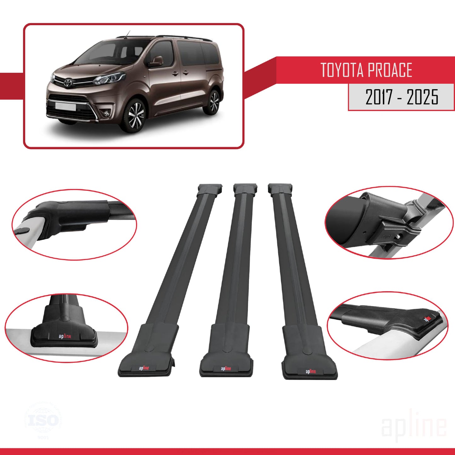 Compatible with Toyota Proace 2017-2025 FLY Model Car Roof Rack Cross Bar Black Aluminium 3 Bars