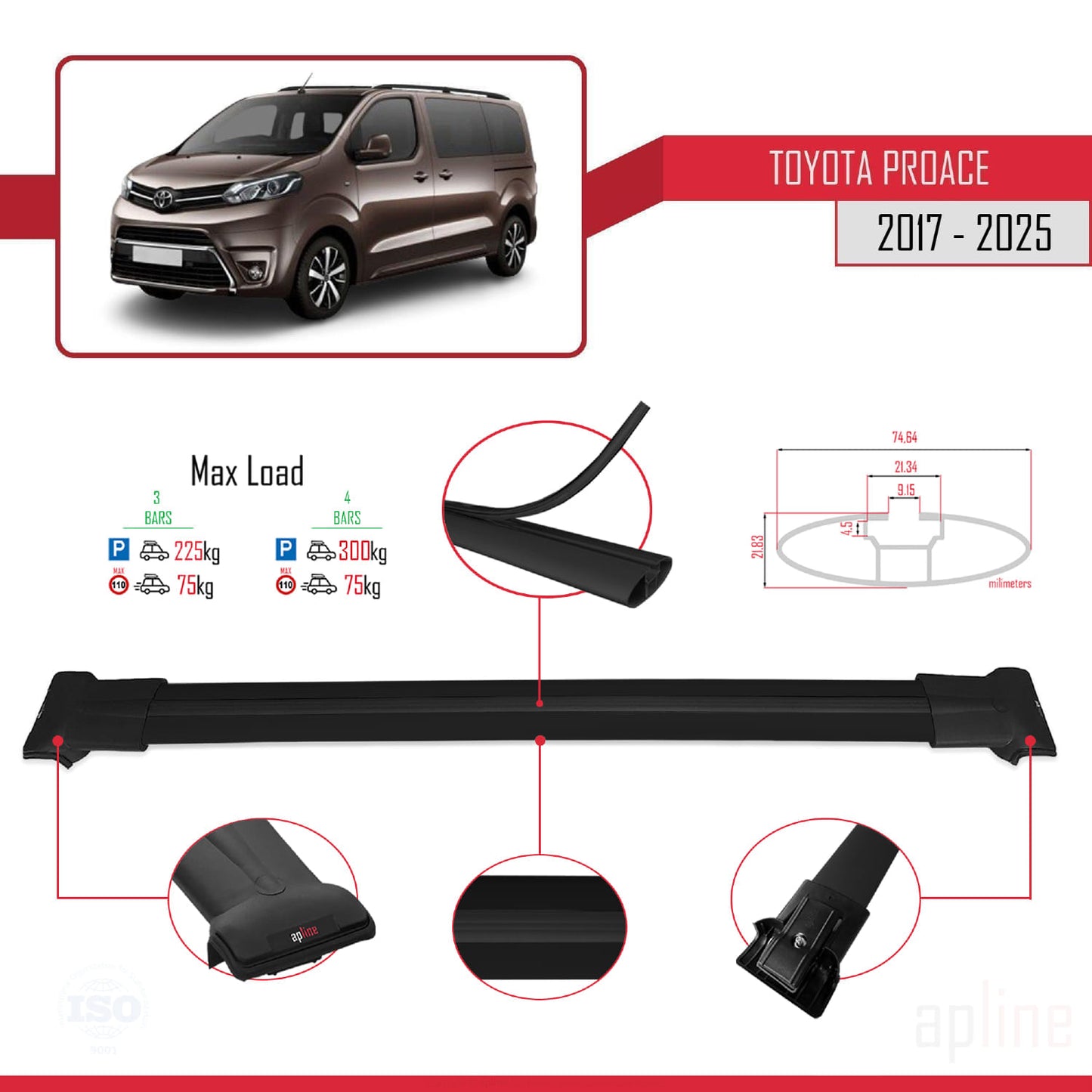 Compatible with Toyota Proace 2017-2025 FLY Model Car Roof Rack Cross Bar Black Aluminium 4 Bars