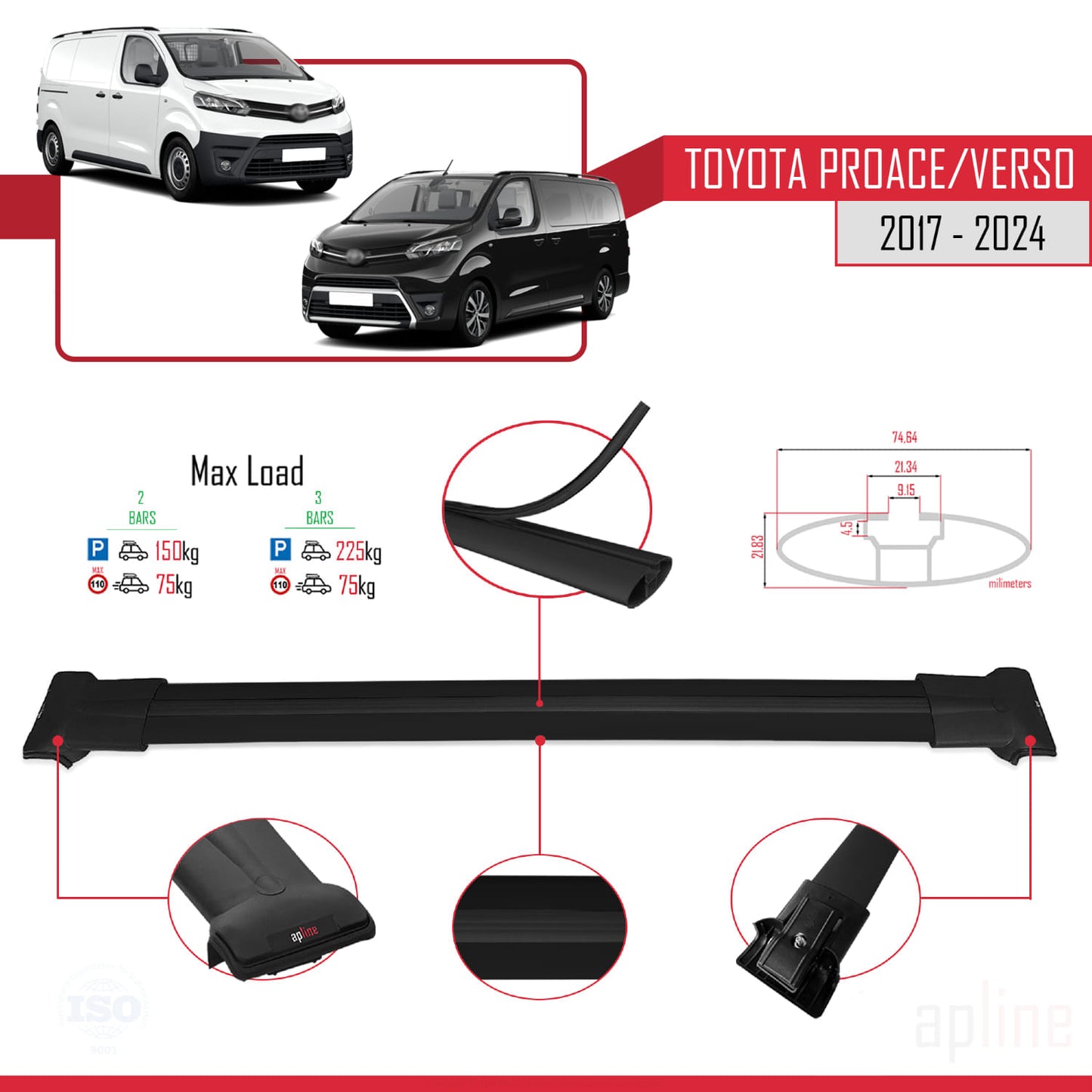 Compatible with Toyota Proace 2017-2025 FLY Model Car Roof Rack Cross Bar Black Aluminium 2 Bars