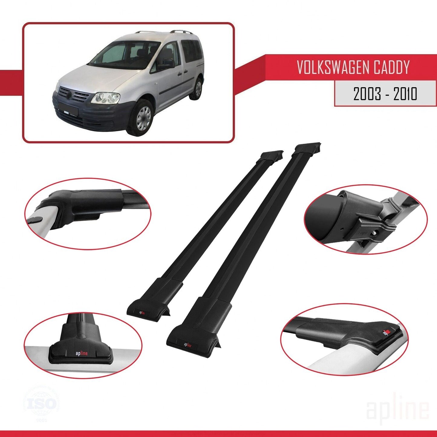 Compatible with Volkswagen Caddy 3 (2K) 2003-2010 FLY Model Car Roof Rack Cross Bar Black Aluminium 2 Bars