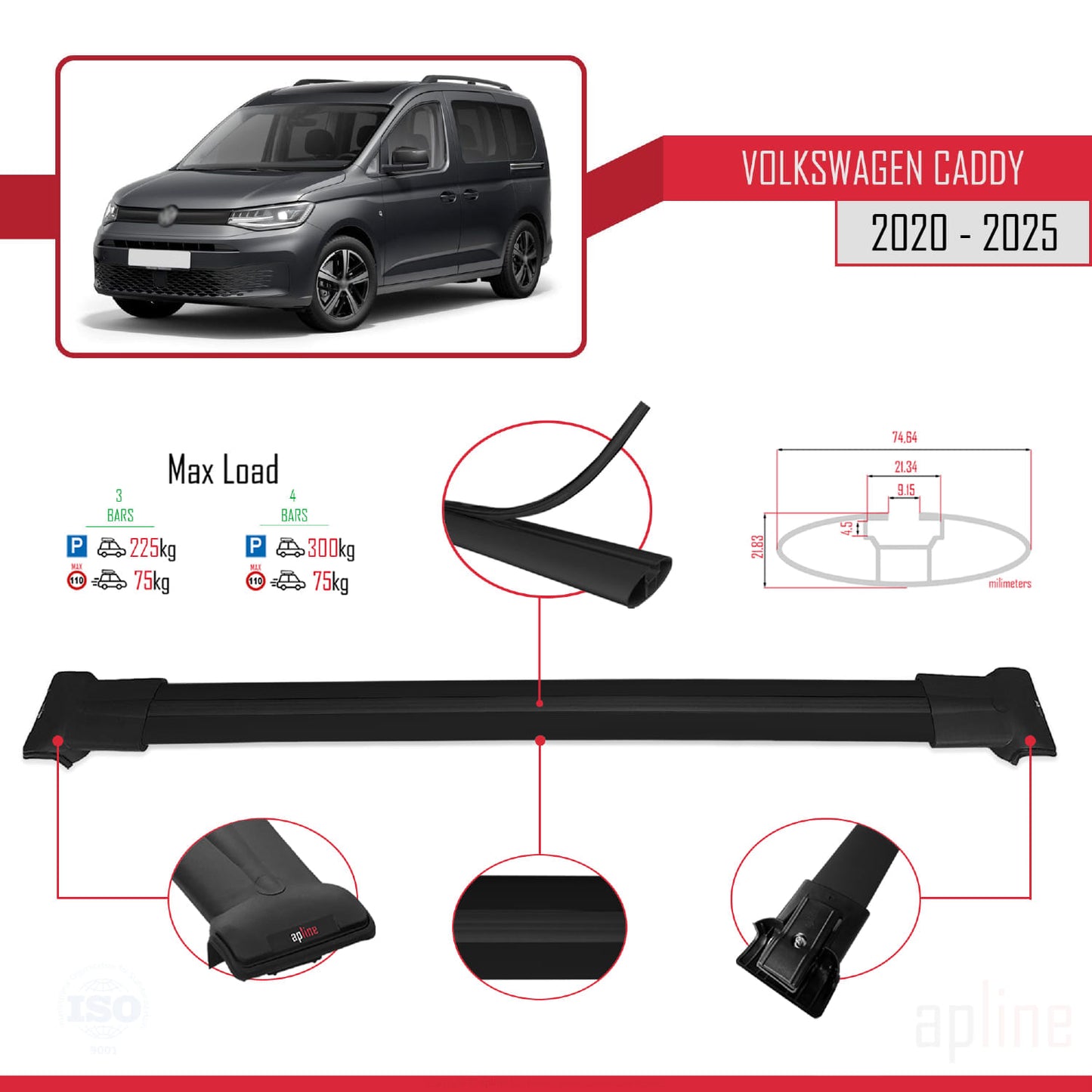 Compatible with Volkswagen Caddy 4 (SB) 2020-2025 FLY Model Car Roof Rack Cross Bar Black Aluminium 3 Bars