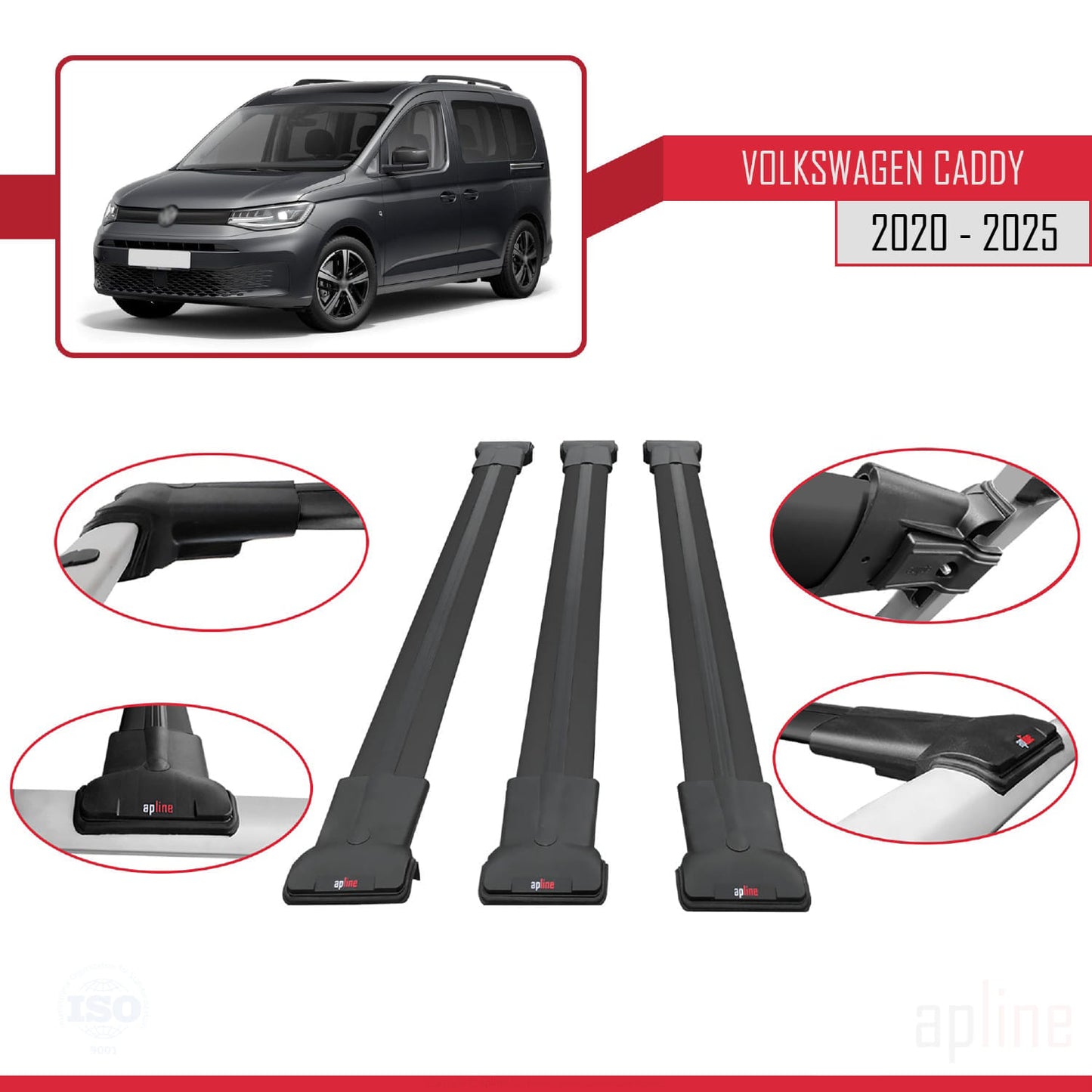Compatible with Volkswagen Caddy 4 (SB) 2020-2025 FLY Model Car Roof Rack Cross Bar Black Aluminium 3 Bars
