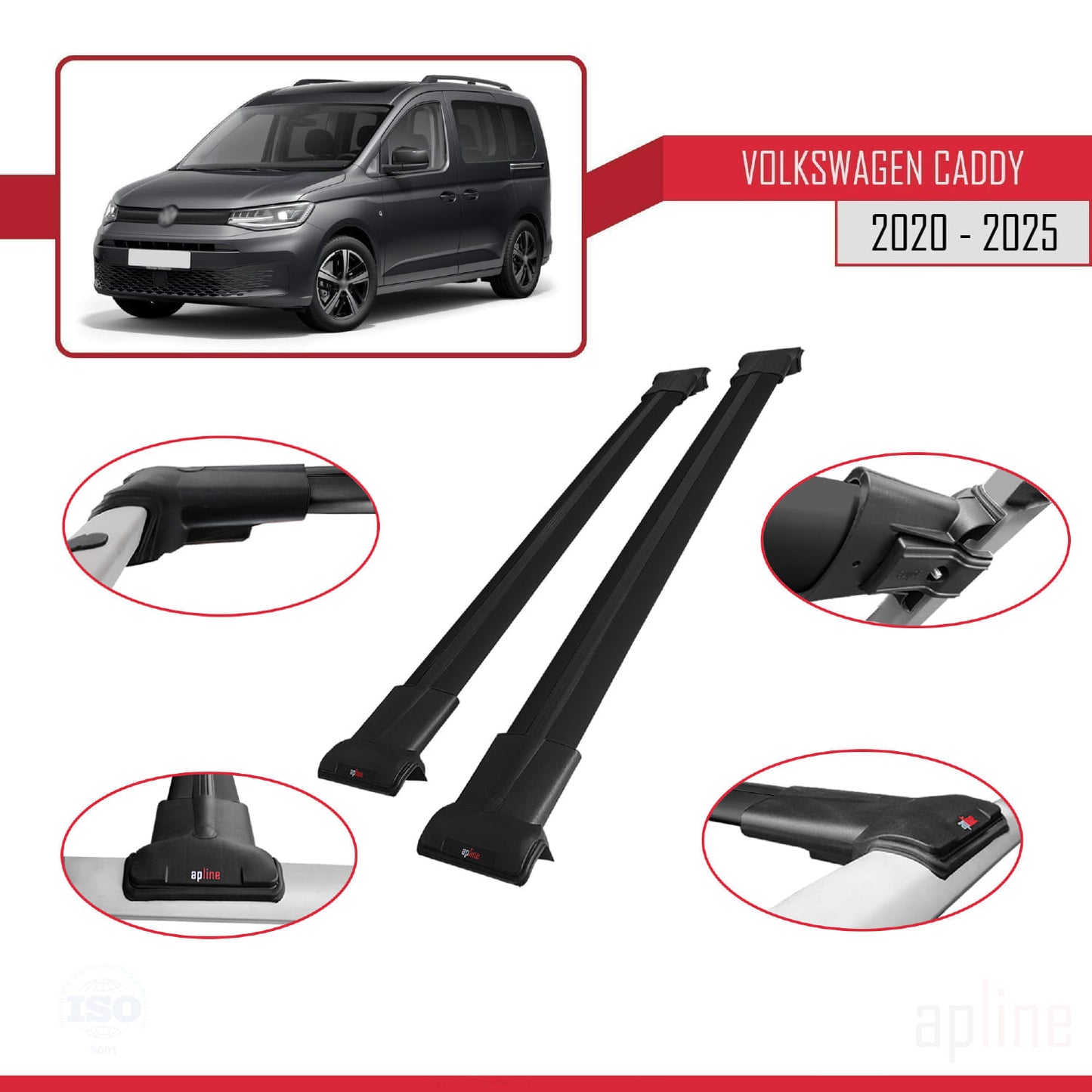 Compatible with Volkswagen Caddy 4 (SB) 2020-2025 FLY Model Car Roof Rack Cross Bar Black Aluminium 2 Bars