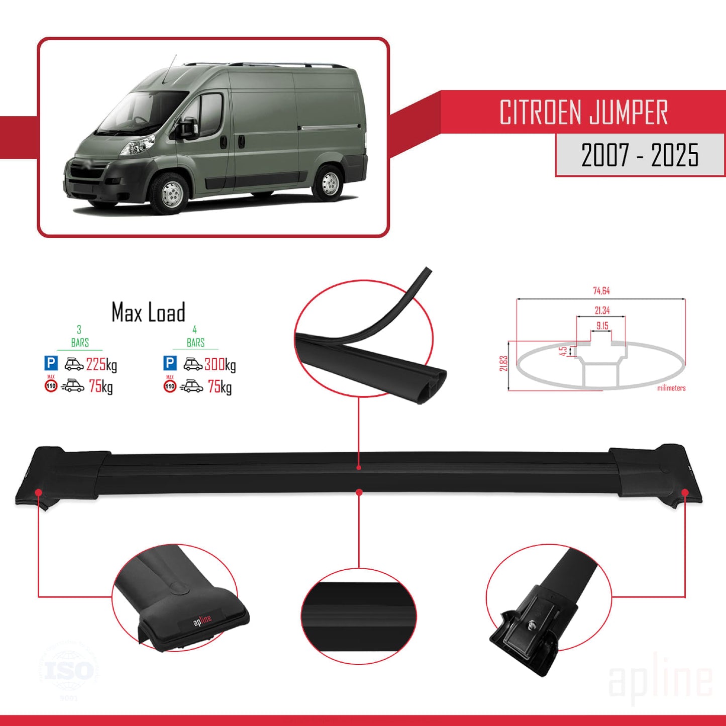 Compatible with Citroen Jumper 2 2007-2025 FLY Model Car Roof Rack Cross Bar Black Aluminium 3 Bars