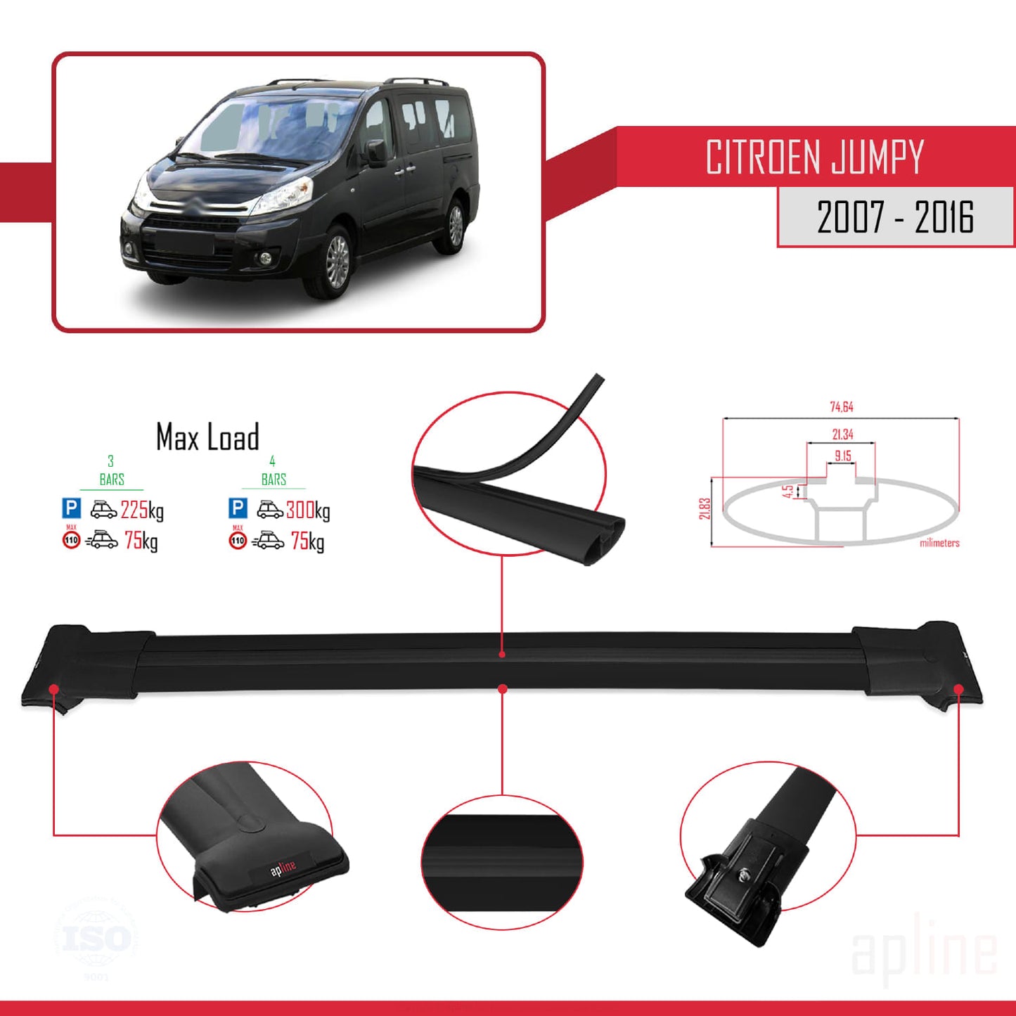 Compatible with Citroen Jumpy 2 (G9) 2007-2016 FLY Model Car Roof Rack Cross Bar Black Aluminium 3 Bars