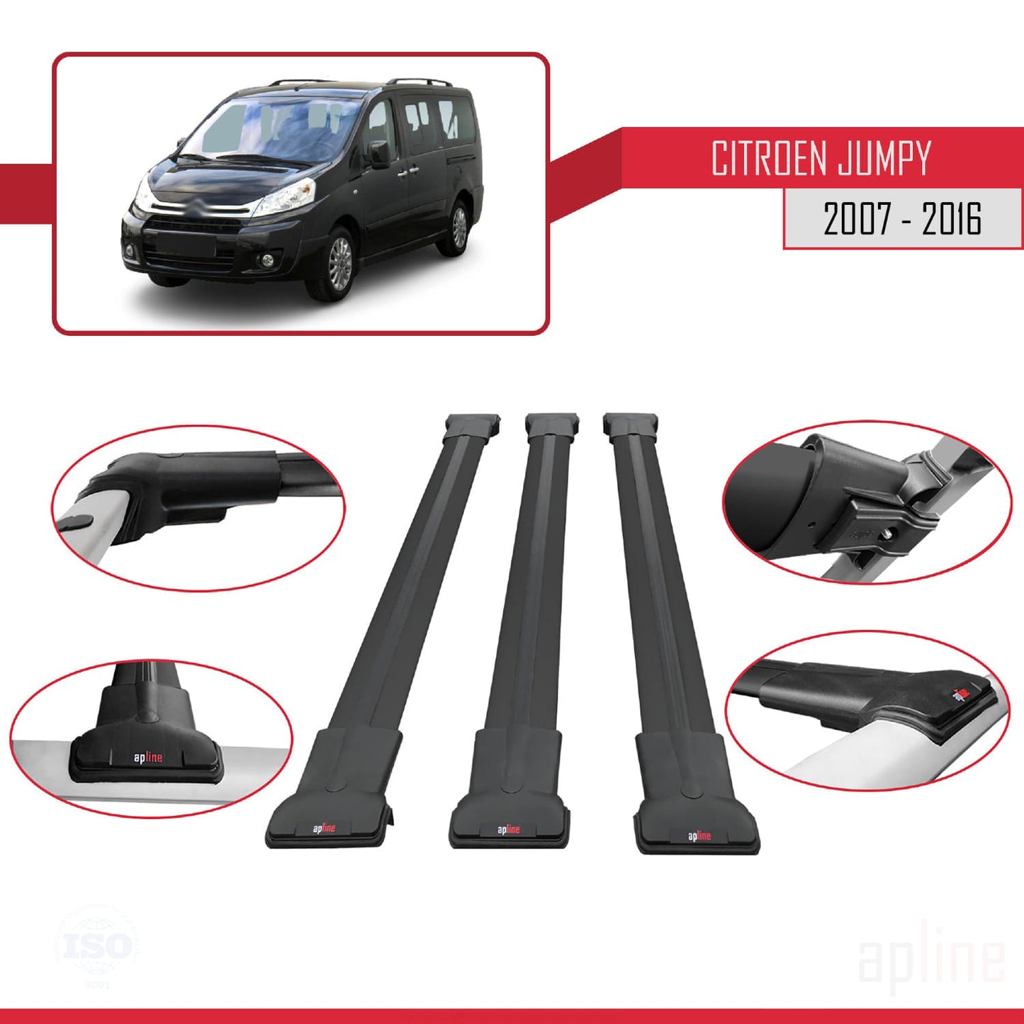 Compatible with Citroen Jumpy 2 (G9) 2007-2016 FLY Model Car Roof Rack Cross Bar Black Aluminium 3 Bars