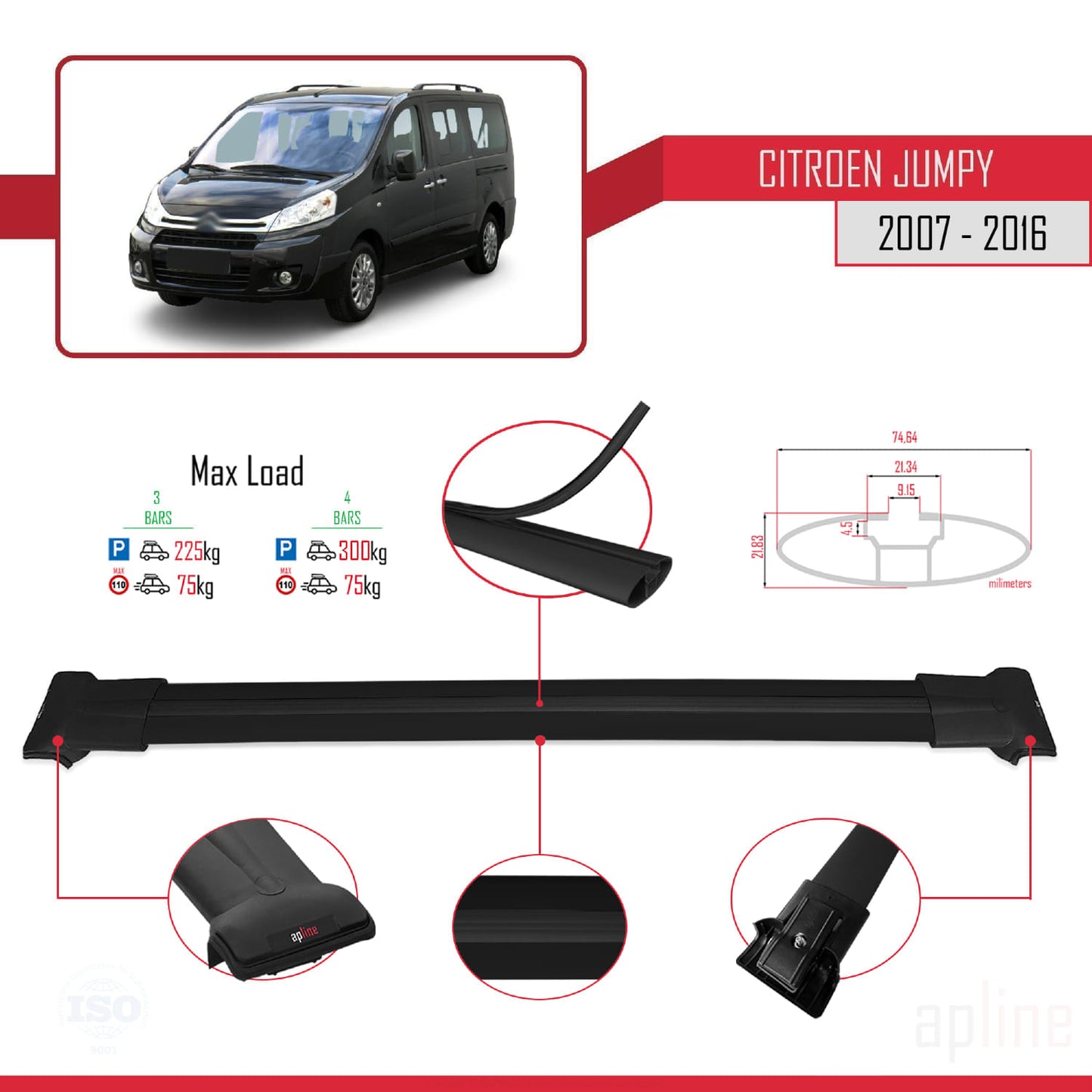 Compatible with Citroen Jumpy 2 (G9) 2007-2016 FLY Model Car Roof Rack Cross Bar Black Aluminium 4 Bars