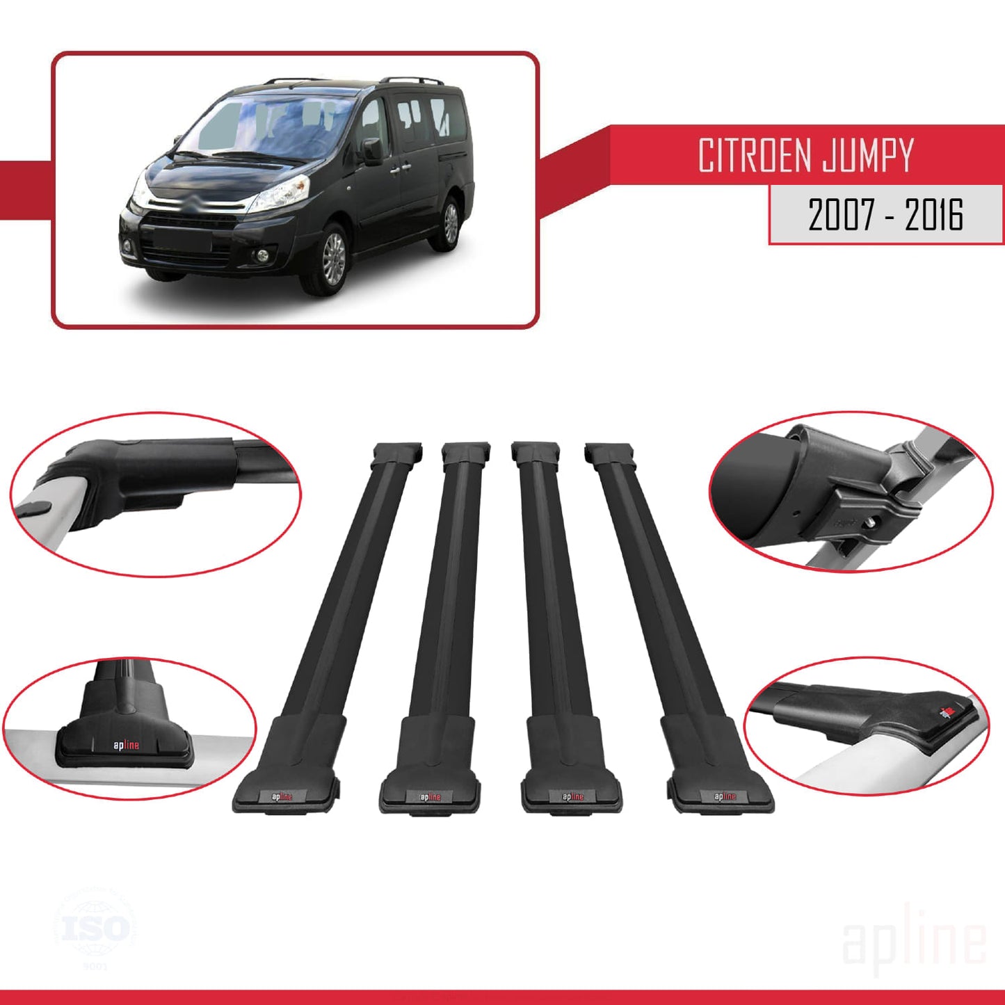 Compatible with Citroen Jumpy 2 (G9) 2007-2016 FLY Model Car Roof Rack Cross Bar Black Aluminium 4 Bars
