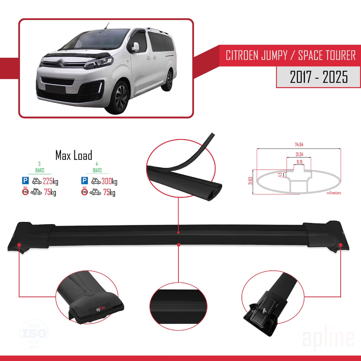 Compatible with Citroen Jumpy 3 (K0) Space Tourer 2017-2025 FLY Model Car Roof Rack Cross Bar Black Aluminium 3 Bars