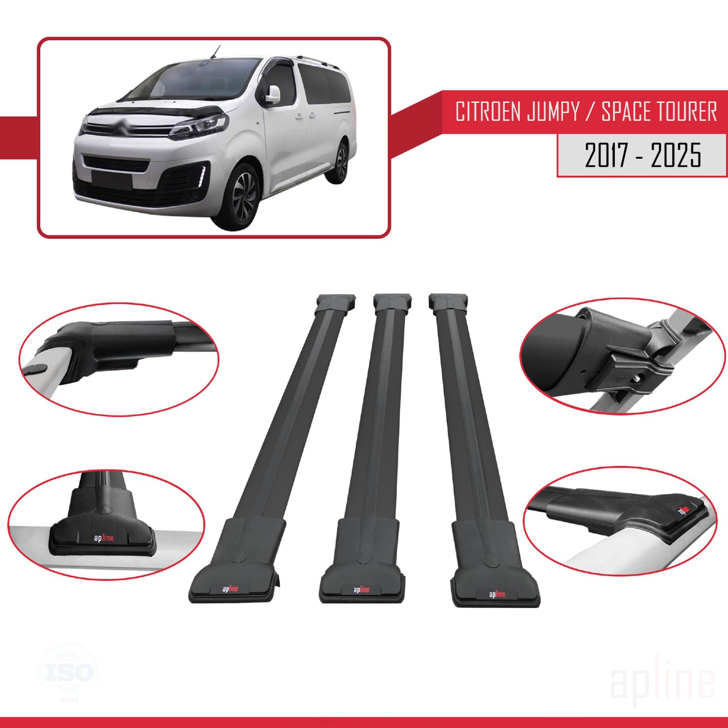 Compatible with Citroen Jumpy 3 (K0) Space Tourer 2017-2025 FLY Model Car Roof Rack Cross Bar Black Aluminium 3 Bars
