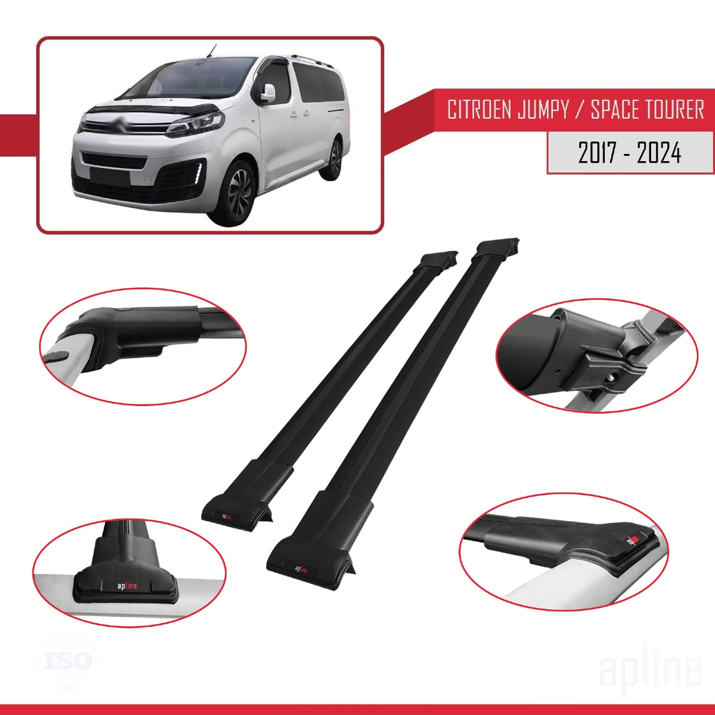 Compatible with Citroen Jumpy 3 (K0) Space Tourer 2017-2025 FLY Model Car Roof Rack Cross Bar Black Aluminium 2 Bars