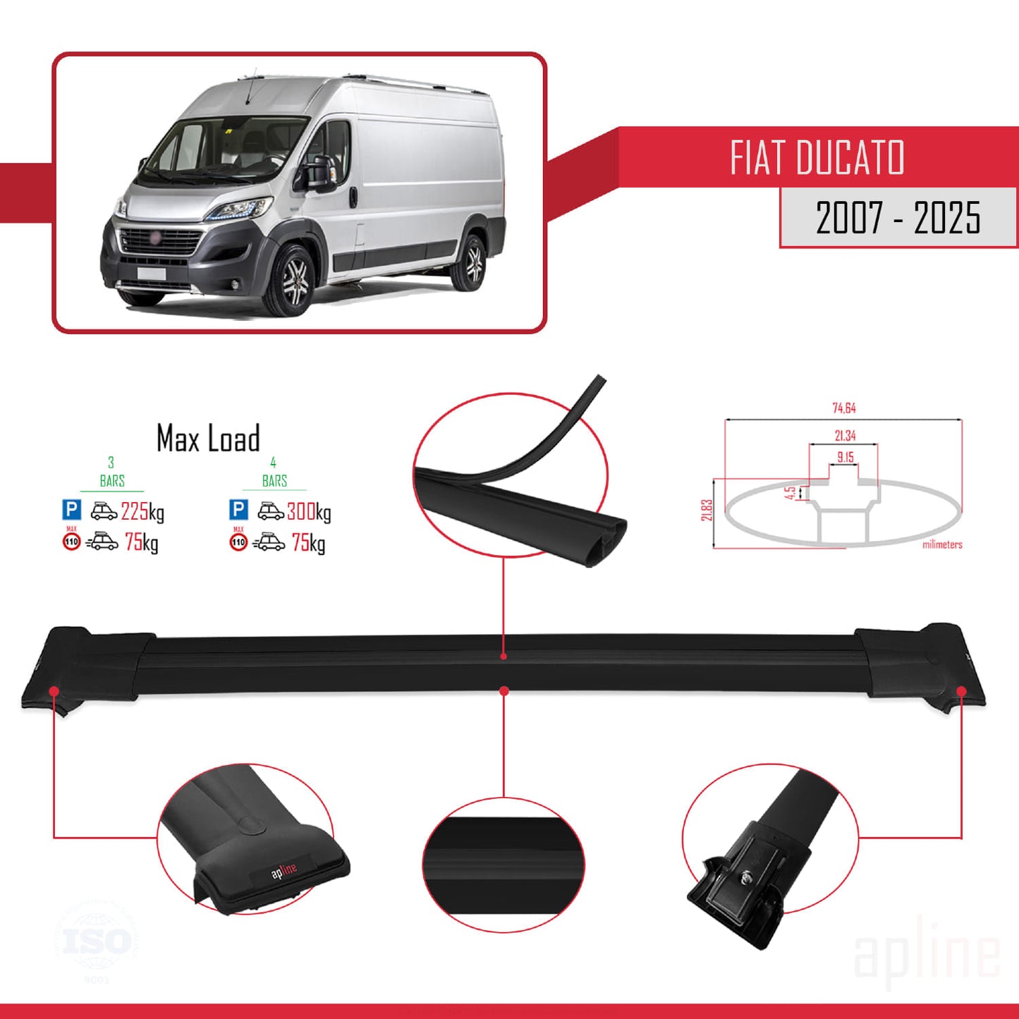 Compatible with Fiat Ducato 3 2007-2025 FLY Model Car Roof Rack Cross Bar Black Aluminium 3 Bars