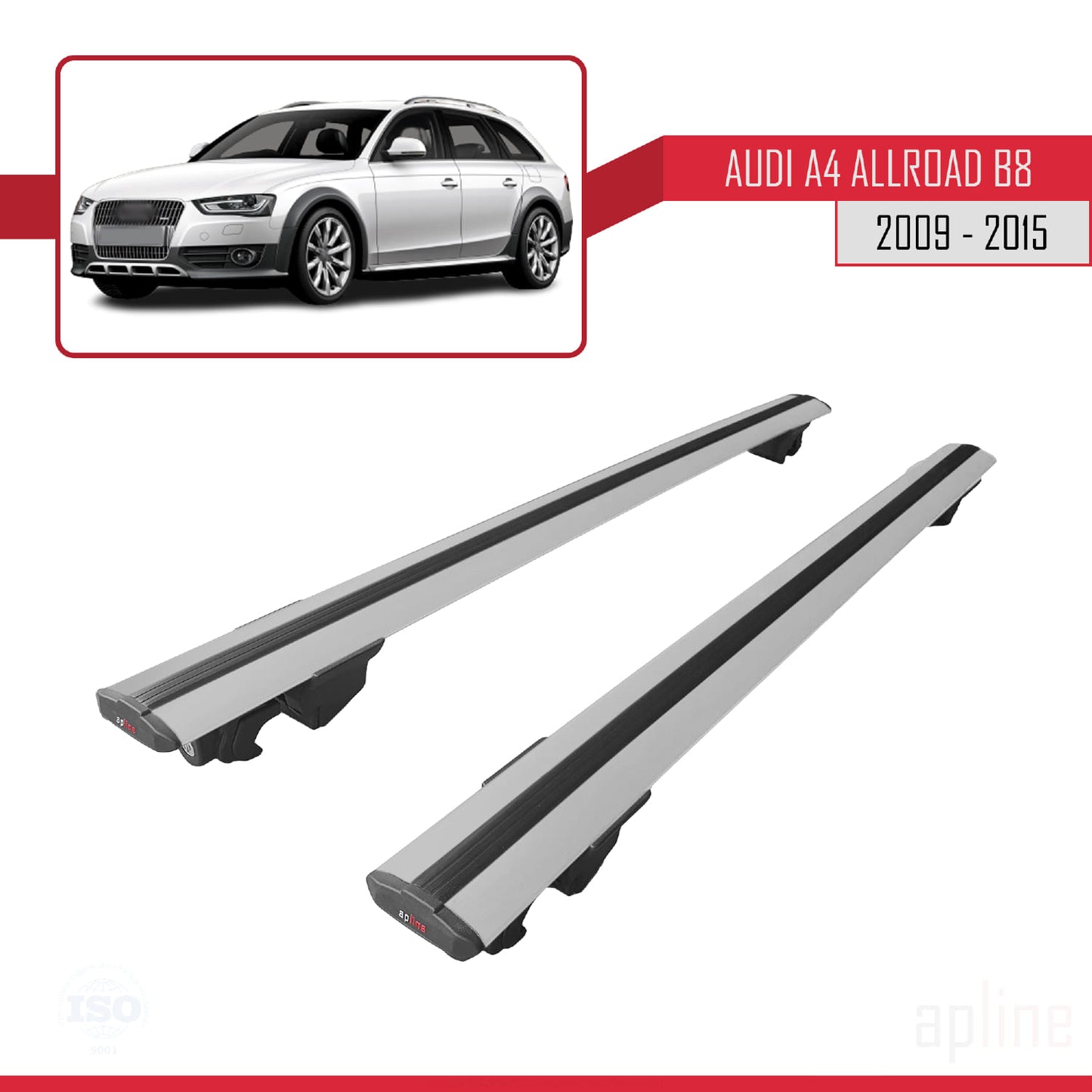 Compatible with Audi A4 (B8) Allroad 2009-2015 HOOK Model Car Roof Rack Cross Bar Grey Aluminium 2 Bars
