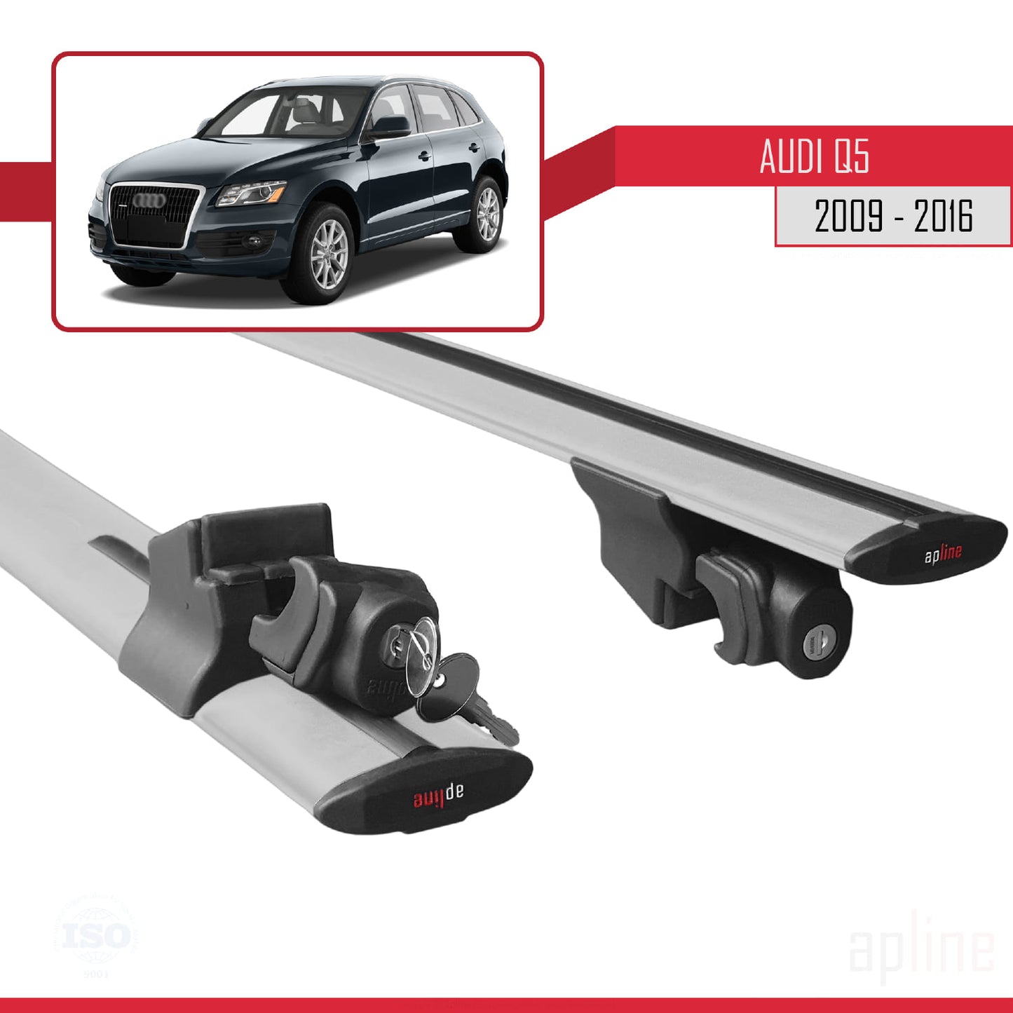 Compatible with Audi Q5 (8R) 2009-2016 HOOK Model Car Roof Rack Cross Bar Grey Aluminium 2 Bars