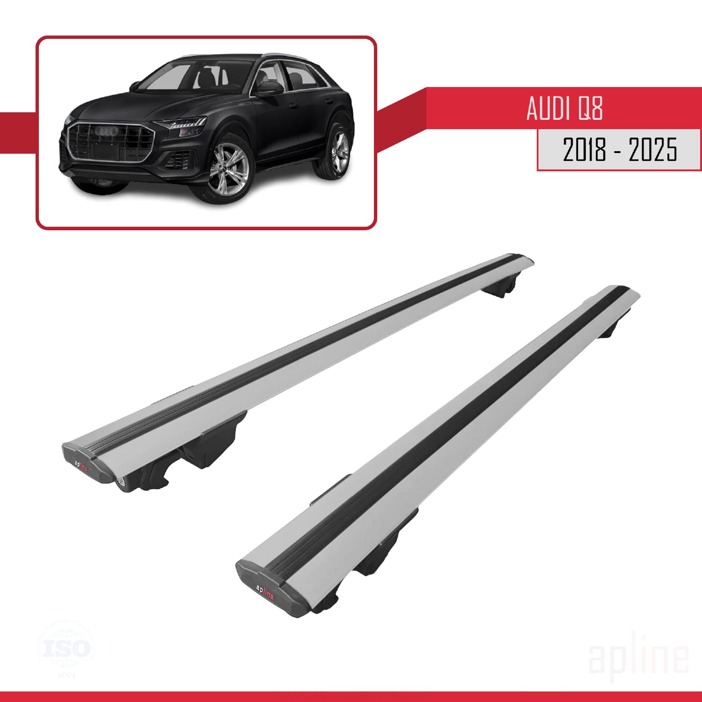 Compatible with Audi Q8 (F1) 2018-2025 HOOK Model Car Roof Rack Cross Bar Grey Aluminium 2 Bars