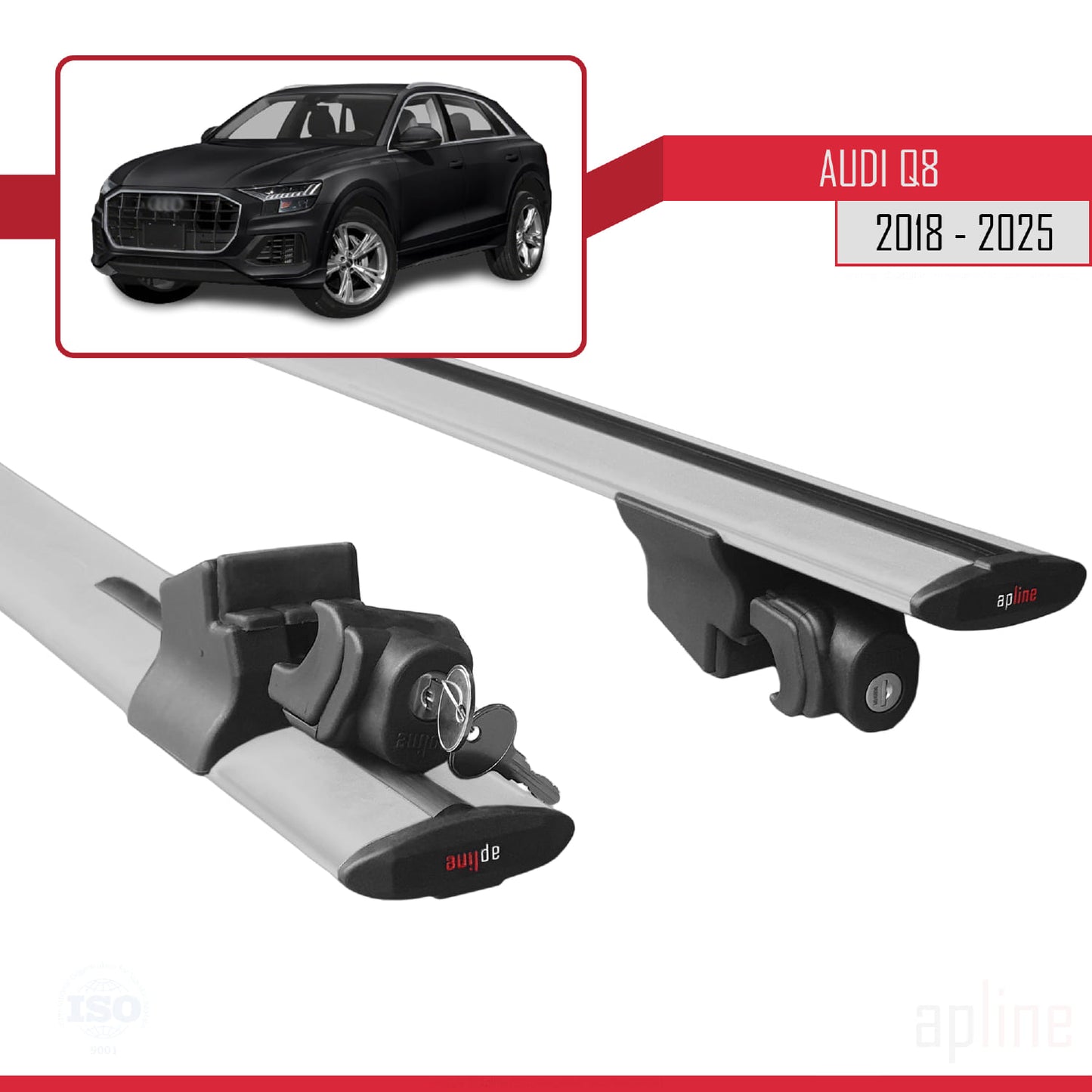 Compatible with Audi Q8 (F1) 2018-2025 HOOK Model Car Roof Rack Cross Bar Grey Aluminium 2 Bars