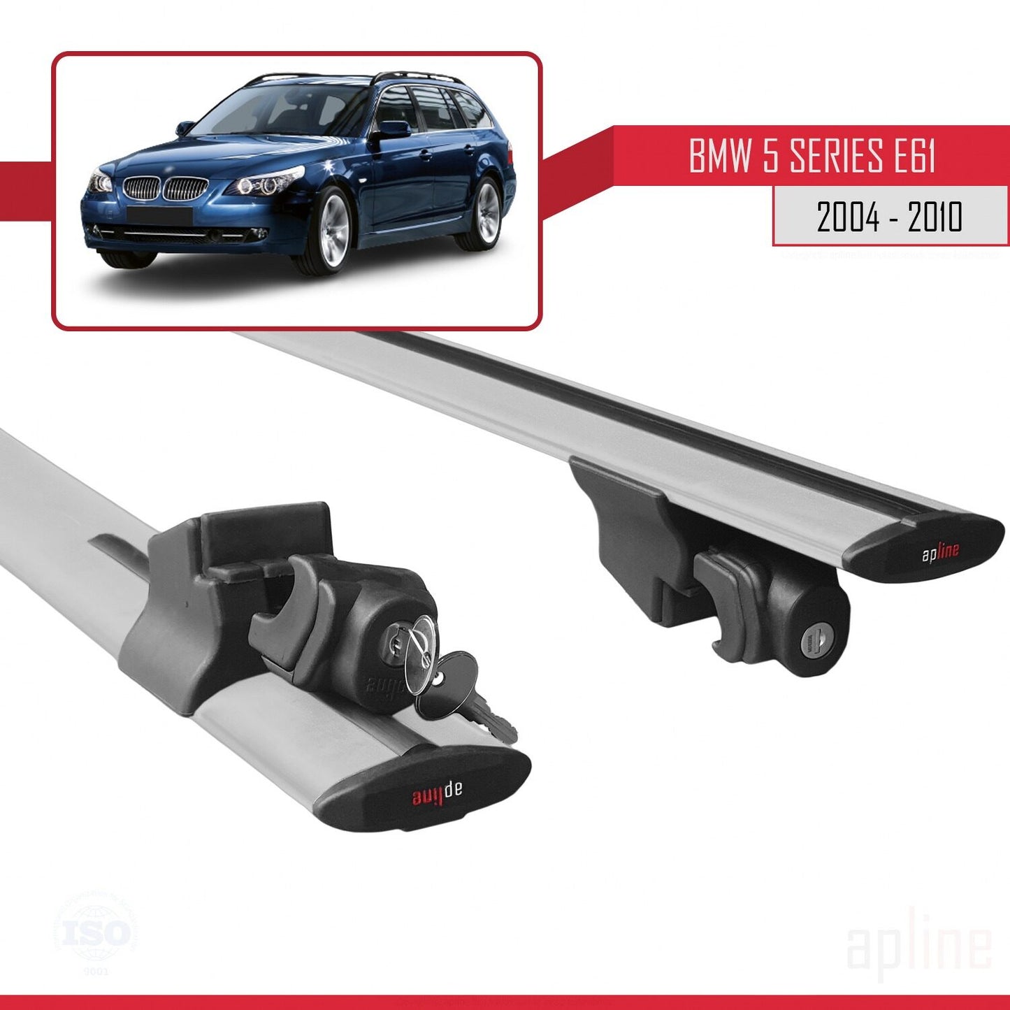 Compatible with BMW 5 Series (E61) Touring 2004-2010 HOOK Model Car Roof Rack Cross Bar Grey Aluminium 2 Bars