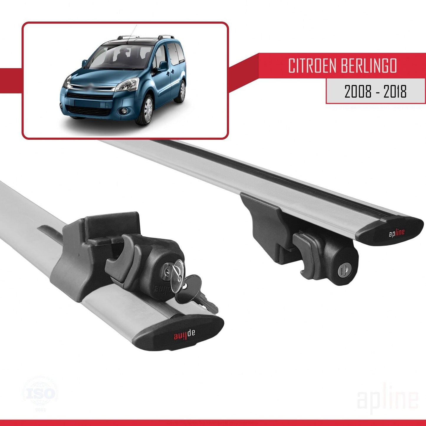 Compatible with Citroen Berlingo 2 (B9) 2008-2018 HOOK Model Car Roof Rack Cross Bar Grey Aluminium 2 Bars