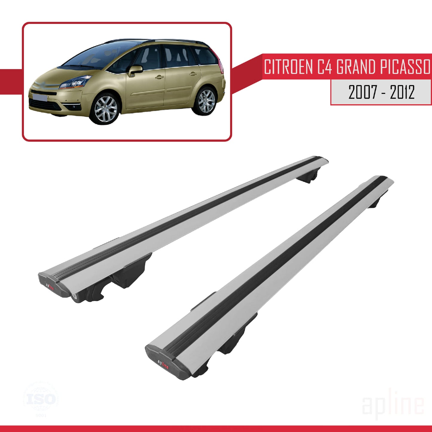 Compatible with Citroen Grand C4 Picasso 2007-2012 HOOK Model Car Roof Rack Cross Bar Grey Aluminium 2 Bars